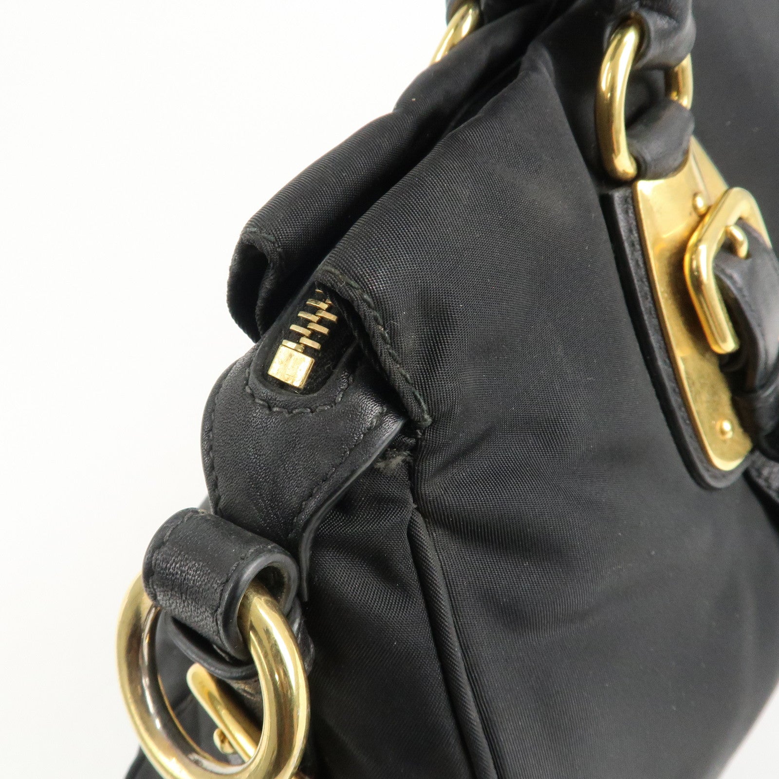 PRADA Logo Nylon Leather 2Way Shoulder Bag Black Gold HDW BN1903 Used