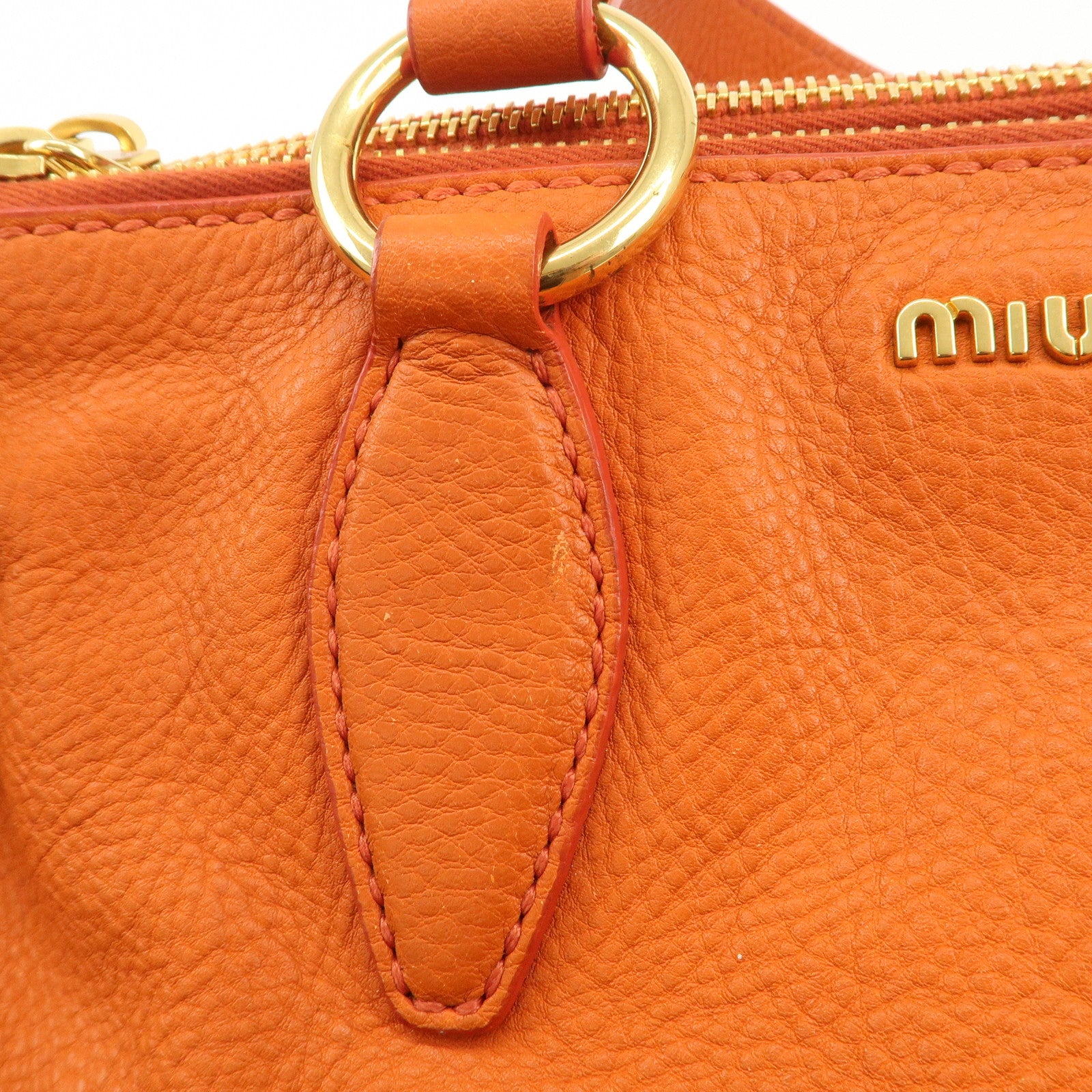 MIU MIU Leather Tote Bag Gold Logo Orange Gold Hardware Used