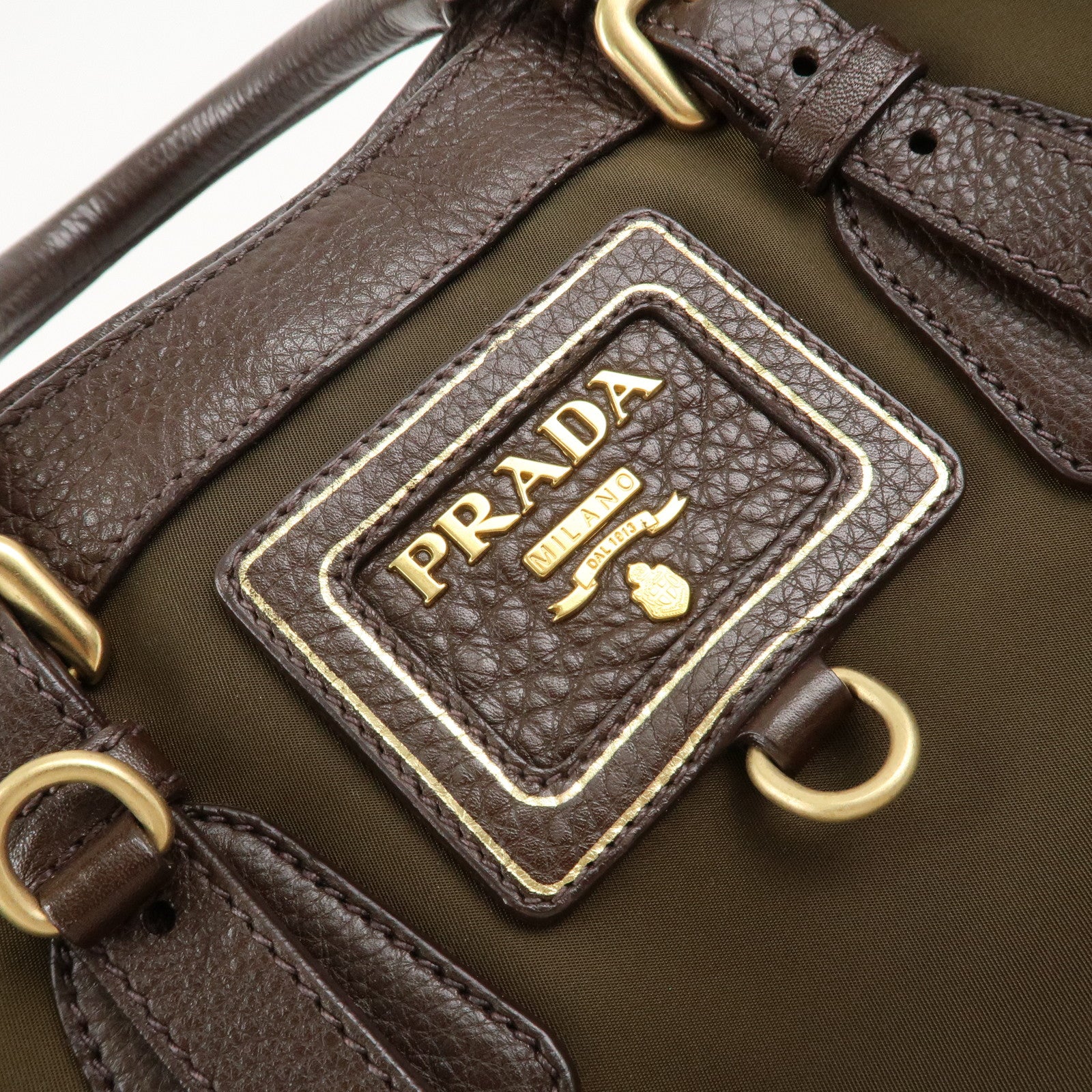 PRADA Logo Nylon Leather Hand Bag Kahki Brown BN1221