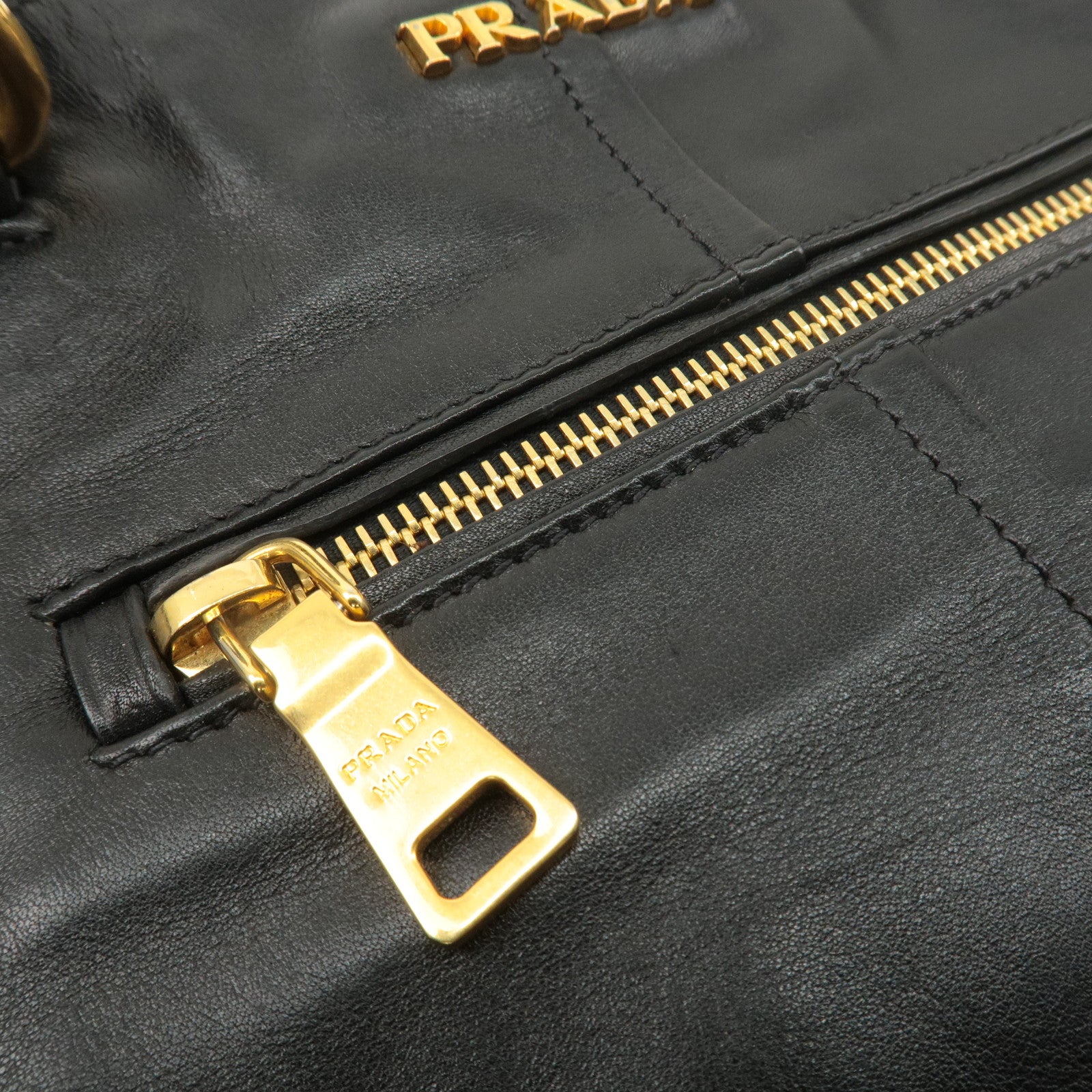 PRADA Logo Leather Tote Bag Shoulder Bag Black Gold Hardware