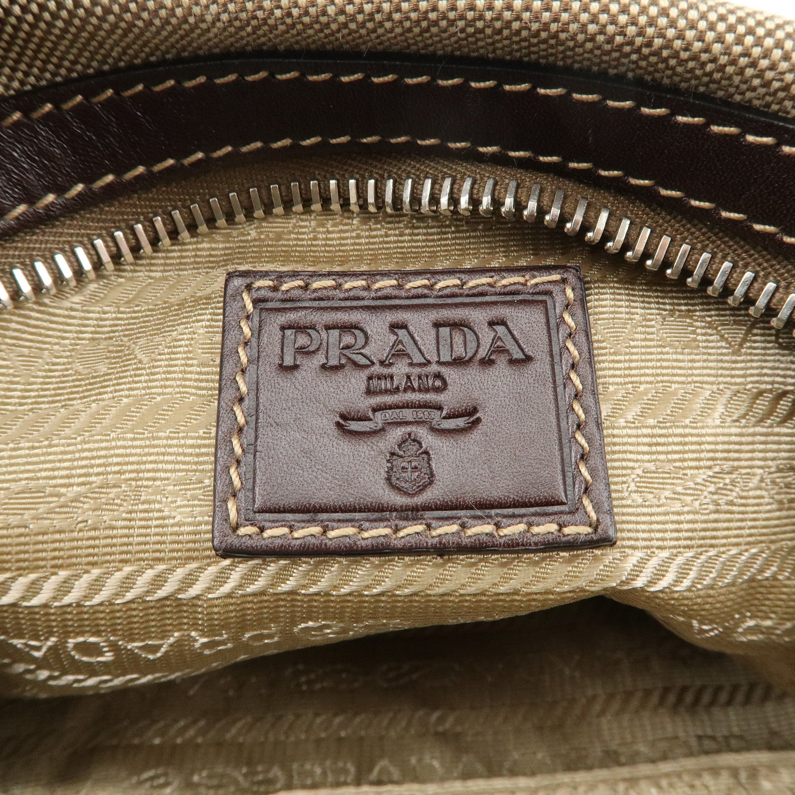 PRADA Logo Jacquard Leather Pouch Beige Brown 1N1298 Used