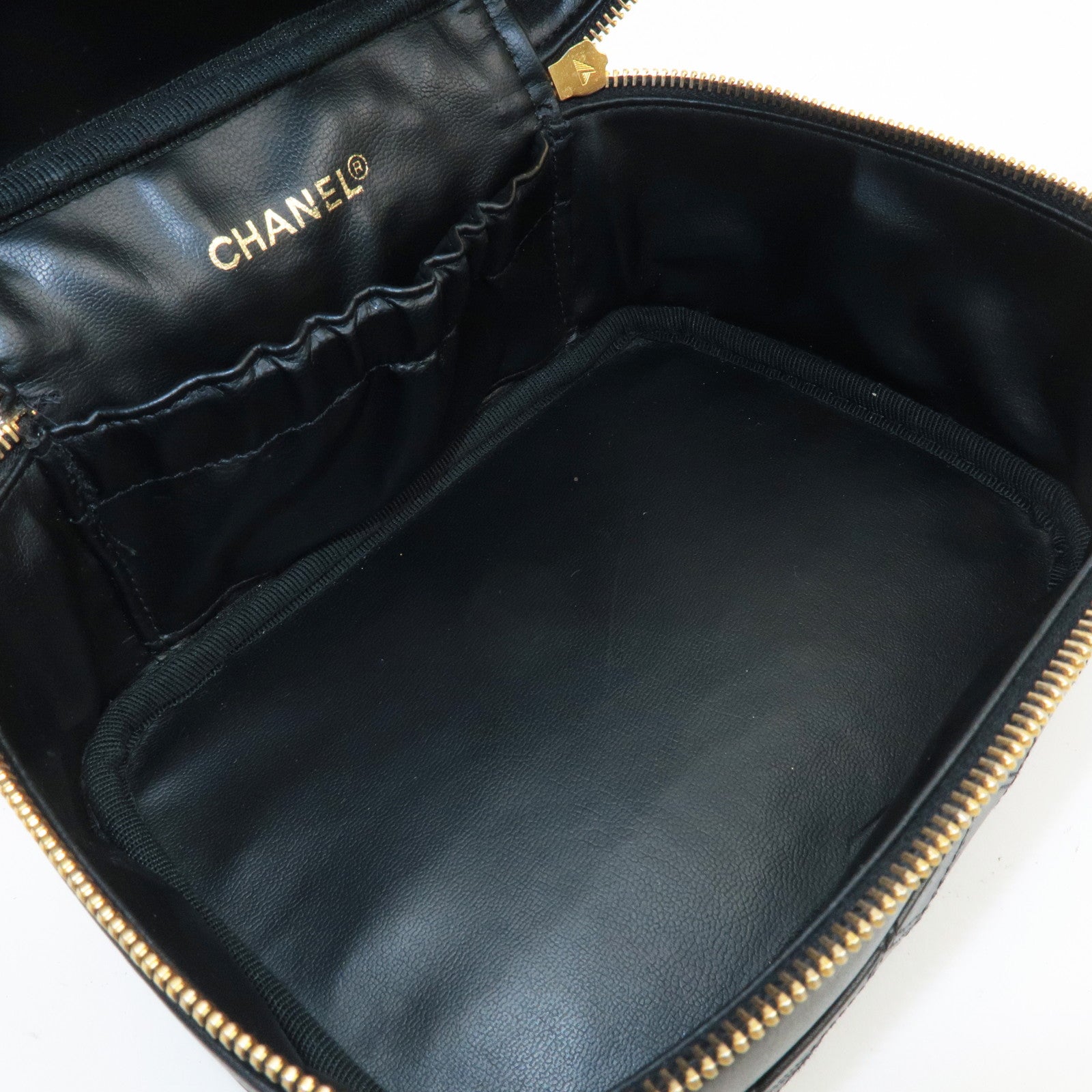 CHANEL Bicolore Lamb Skin Vanity Bag Cosmetic Pouch Black A01618