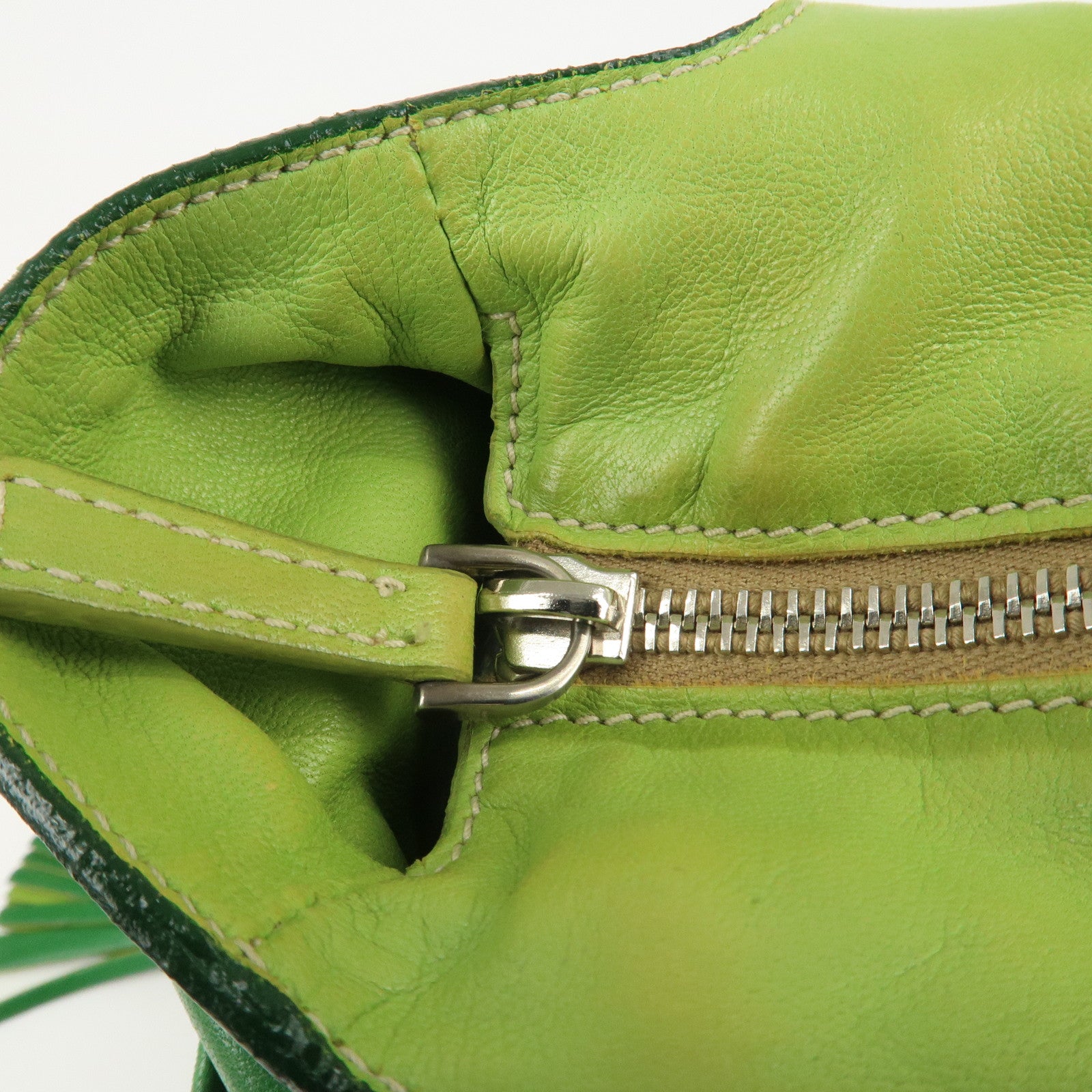 PRADA Logo Leather Tassel Shoulder Bag Hand Bag Green Used