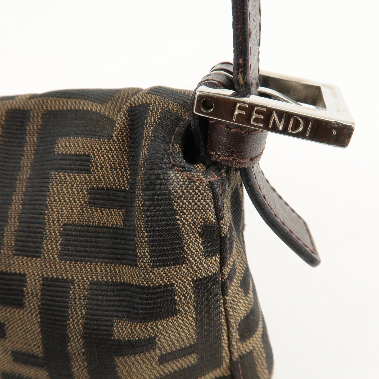 FENDI Mamma Baguette Zucca Canvas Leather Shoulder Bag Brown Used