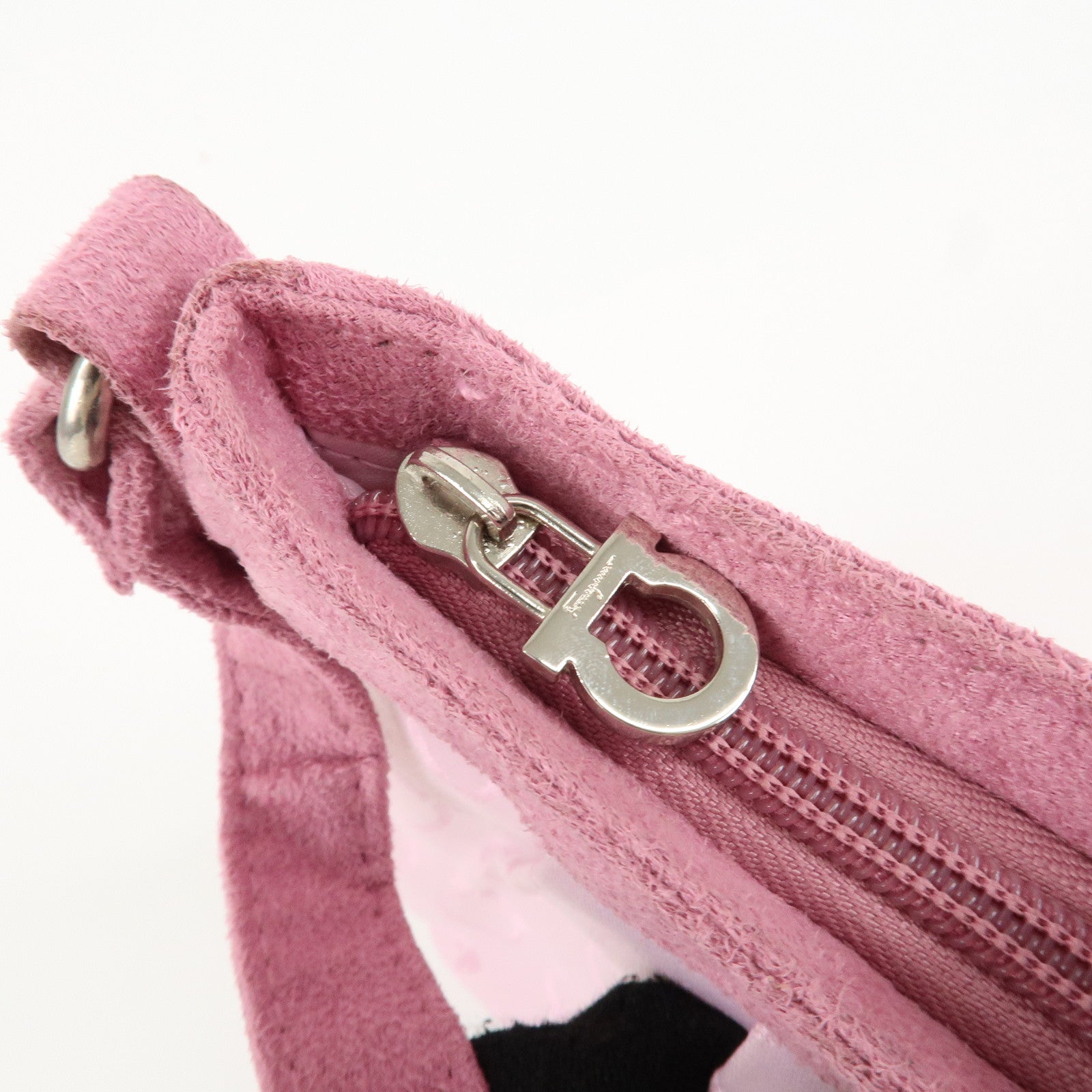 Ferragamo Gancini Canvas Suede Accessories Pouch HandBag Pink Used