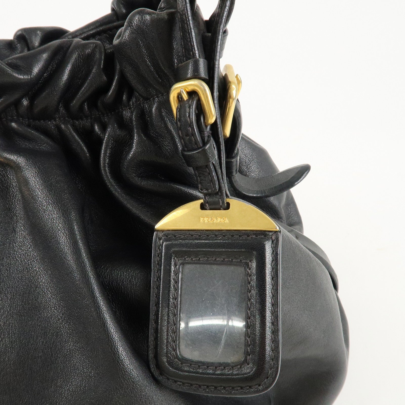 PRADA Leather Shoulder Bag Hand Bag Black Gold Hardware Used