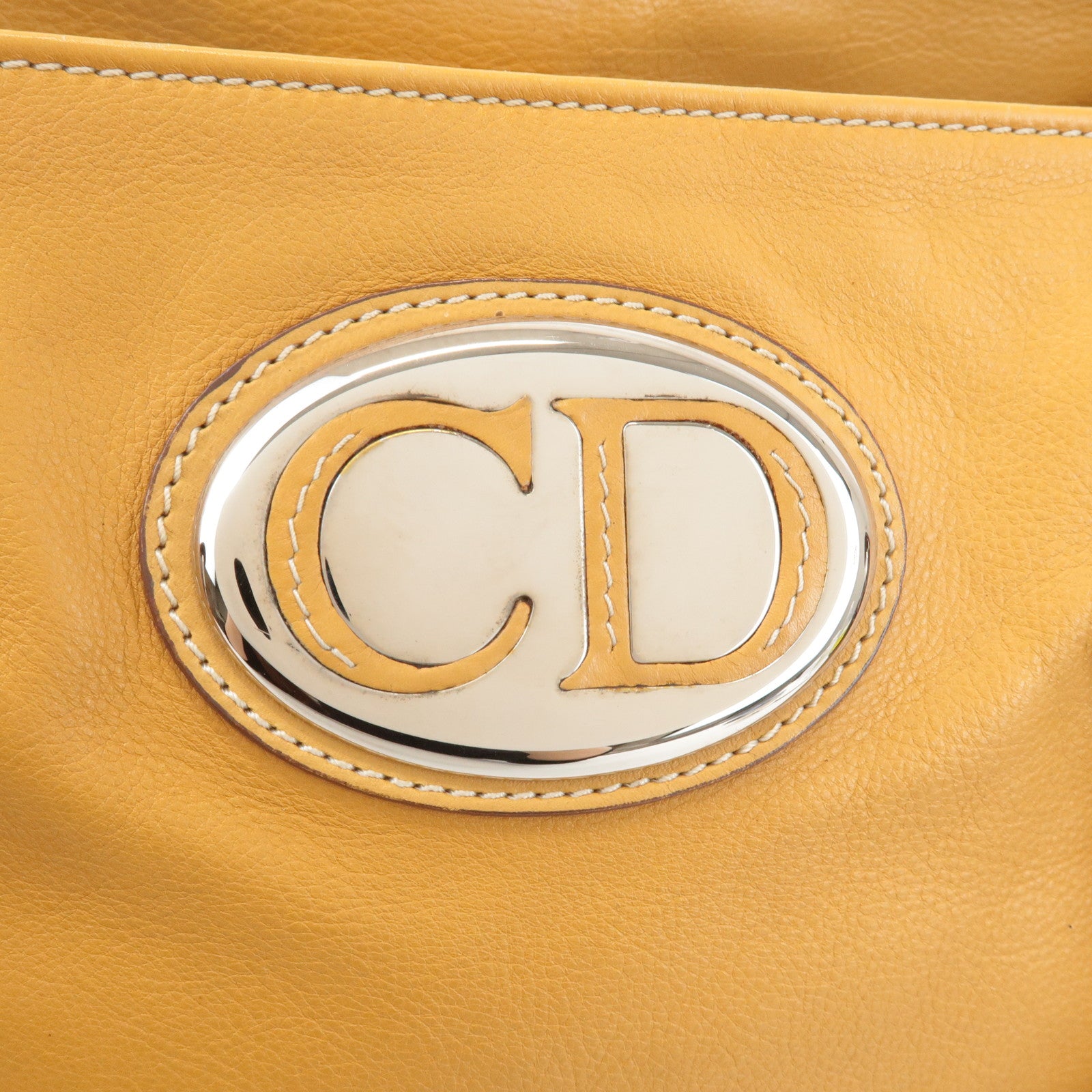 Christian Dior Leather Tote Bag Shoulder Bag Mustard Silver HDW