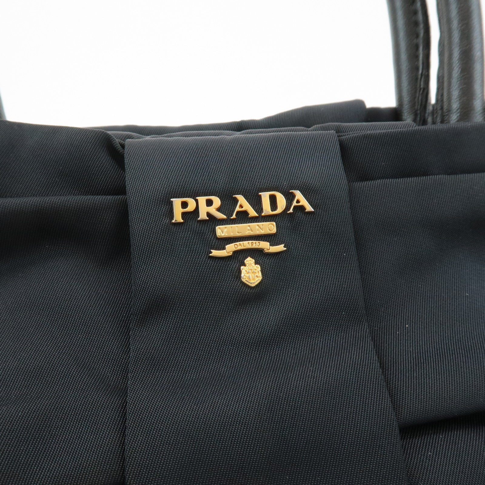 PRADA Logo Nylon Leather Ribbon Tote Bag Hand Bag Black