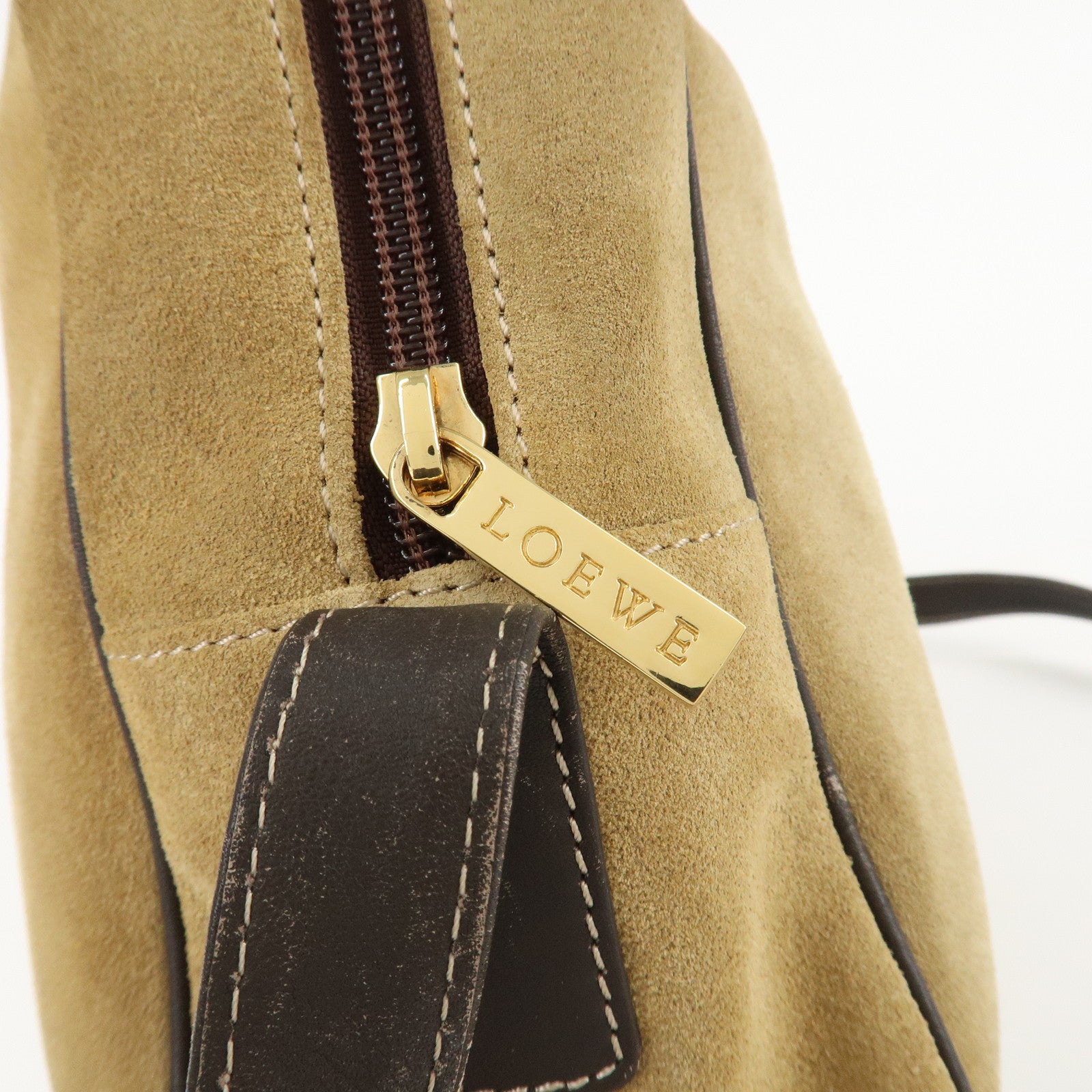 LOEWE Anagram Suede Leather Shoulder Bag Beige Dark Brown