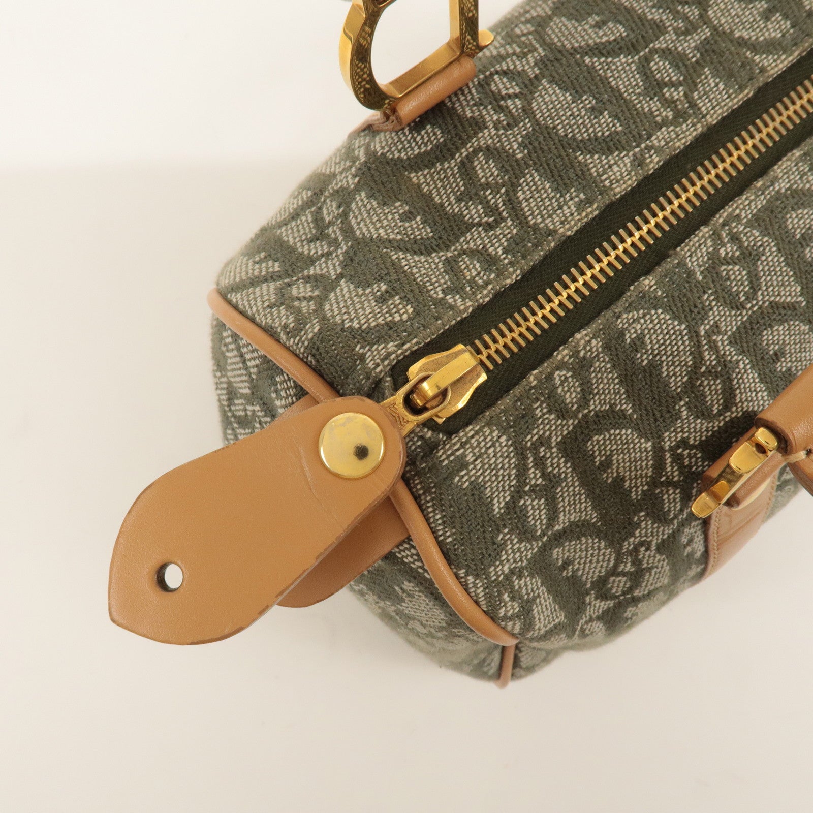 Christian Dior Trotter Canvas Leather Boston Bag Green Light Brown