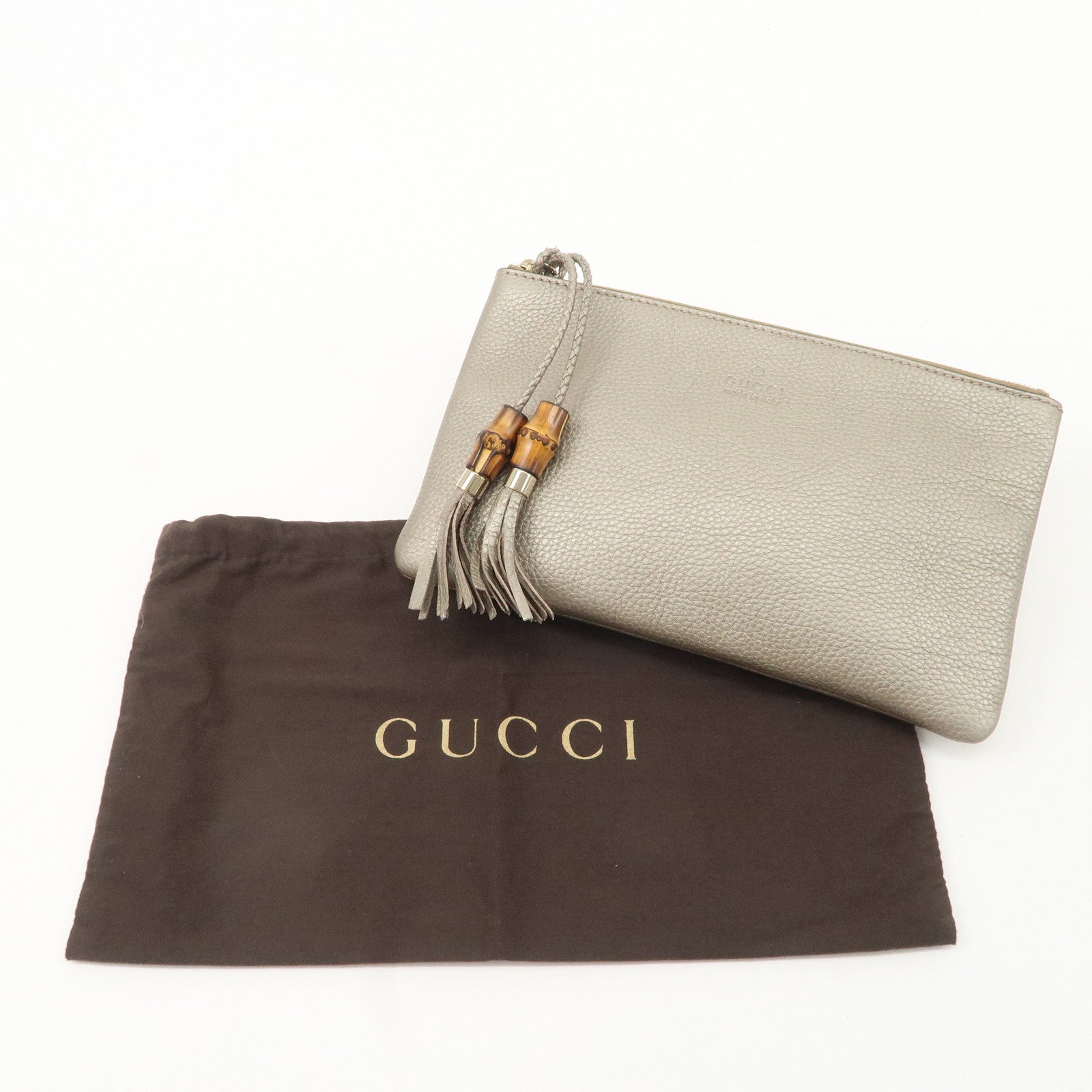 GUCCI Bamboo Leather Tassel Pouch Champaigne Beige 376854