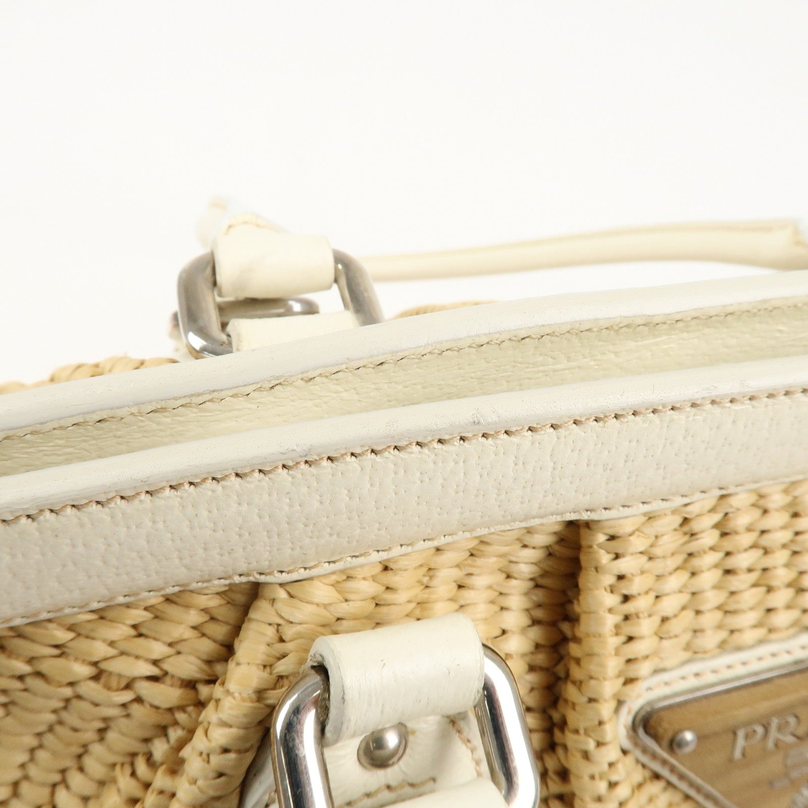 PRADA Logo Raffia Leather Hand Bag Shoulder Bag Ivory BR3508