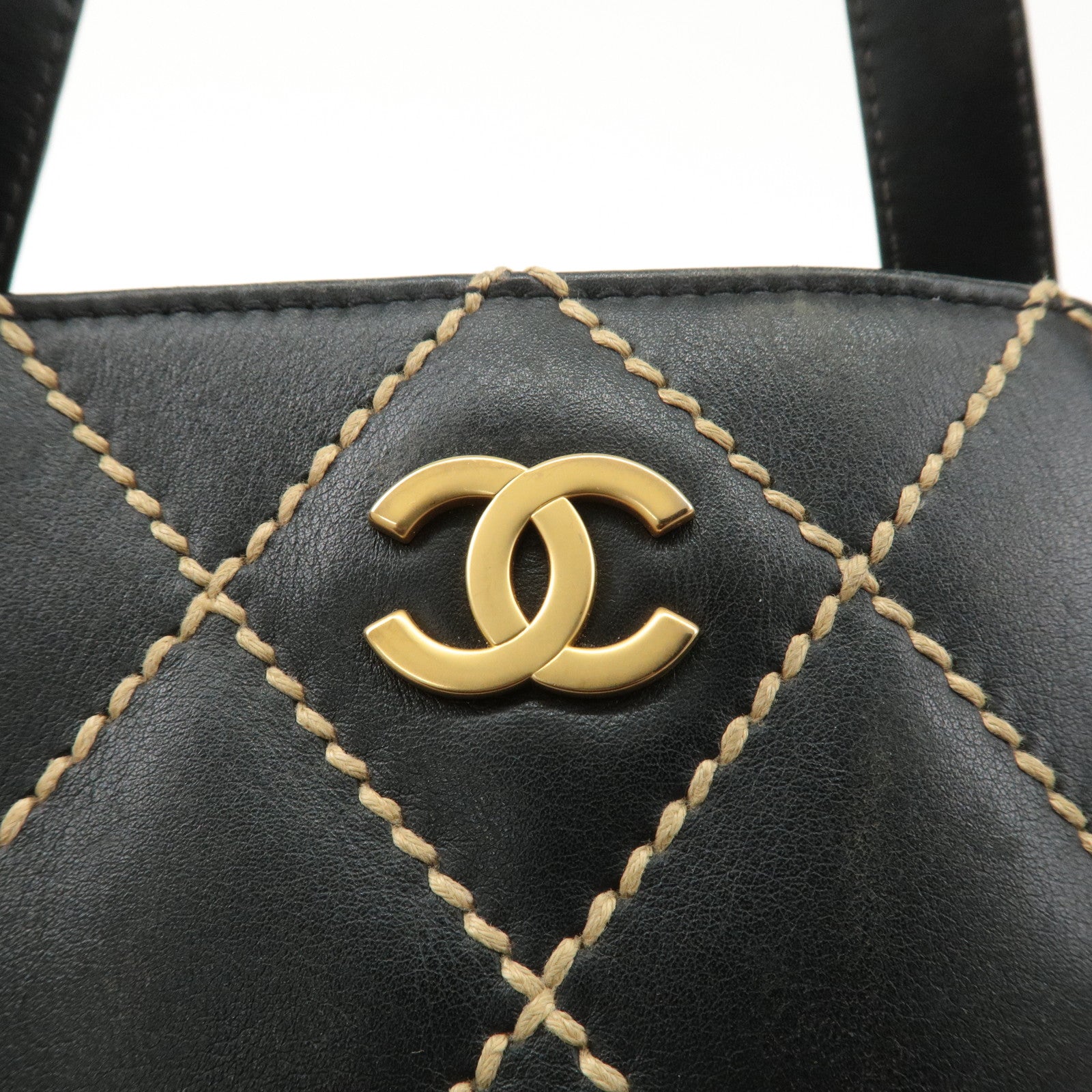 CHANEL Wild Stitch Leather Tote Bag Hand Bag Black