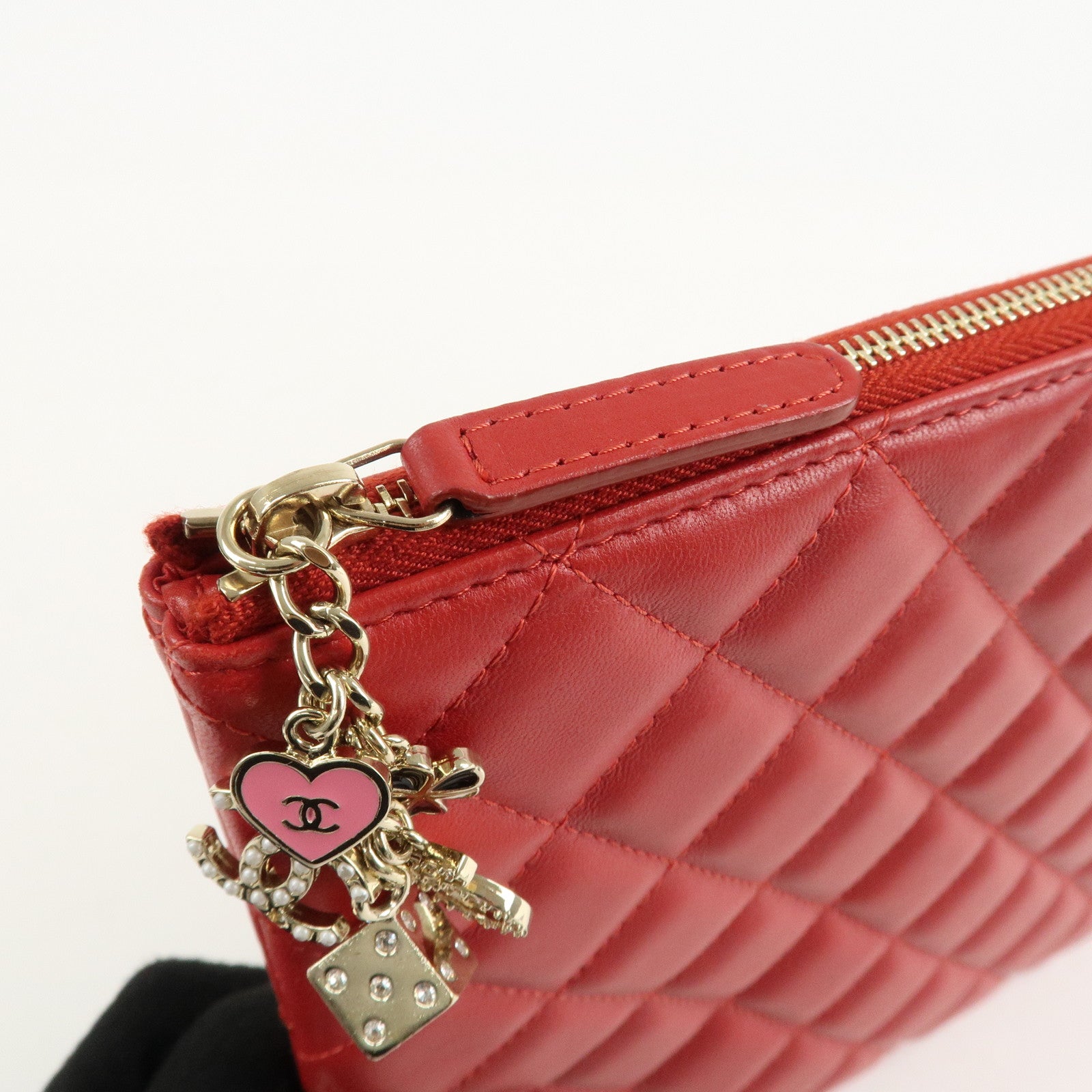 CHANEL Matelasse COCO Mark Lamb Skin Clutch Bag Red Used