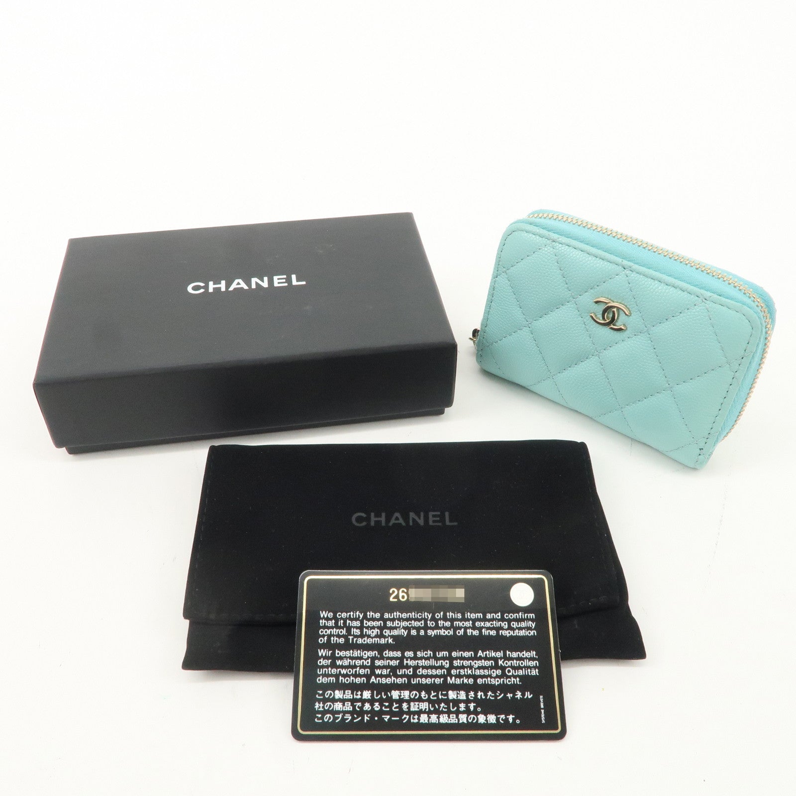 CHANEL Matelasse Caviar Skin Round Zipper Card Case Blue Used