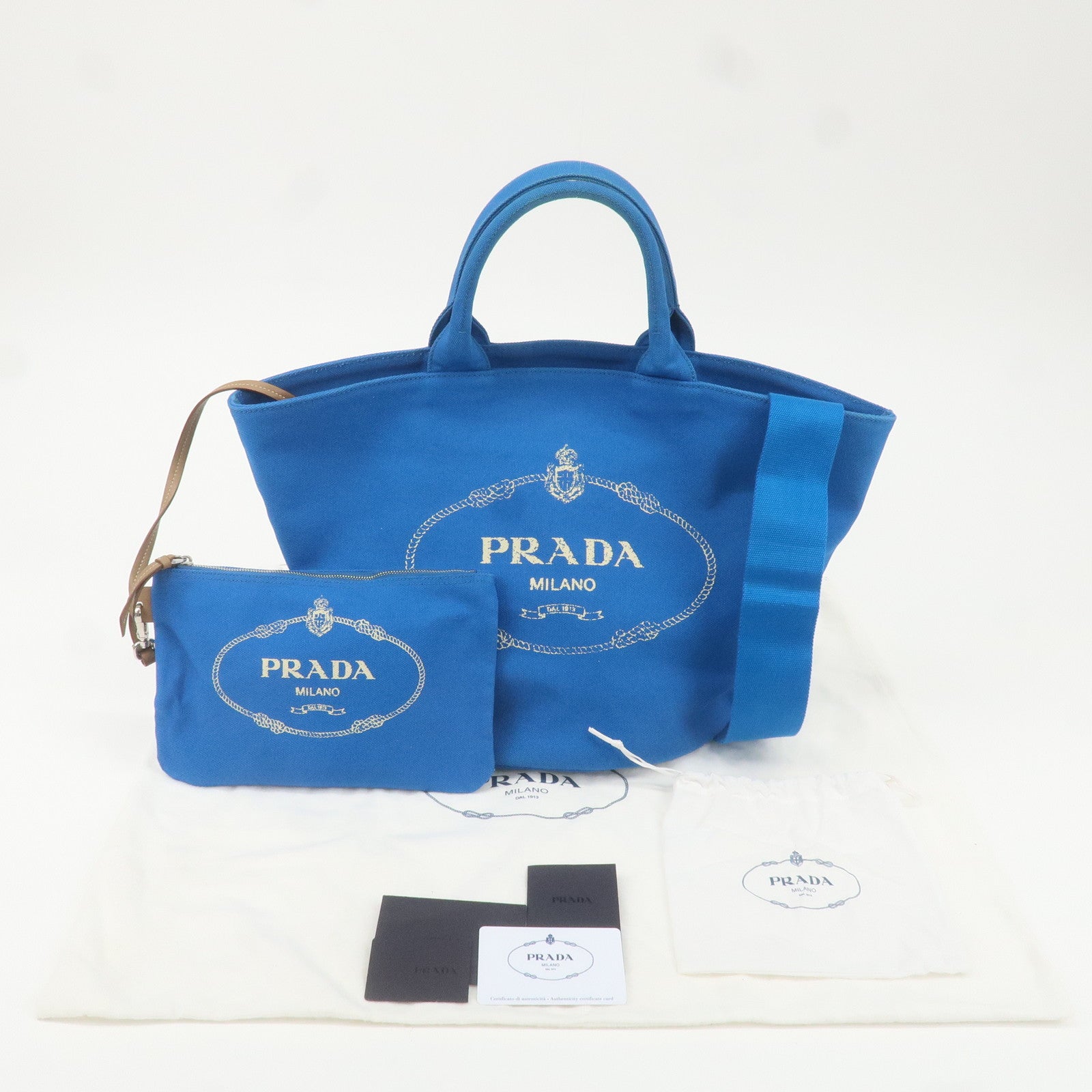 PRADA Canapa Canvas Leather 2Way Bag Tote Bag Hand Bag Blue 1BG163