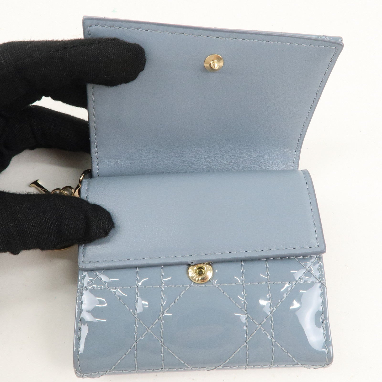 Christian Dior Cannage Patent Leather Lotus Wallet Cloud Blue