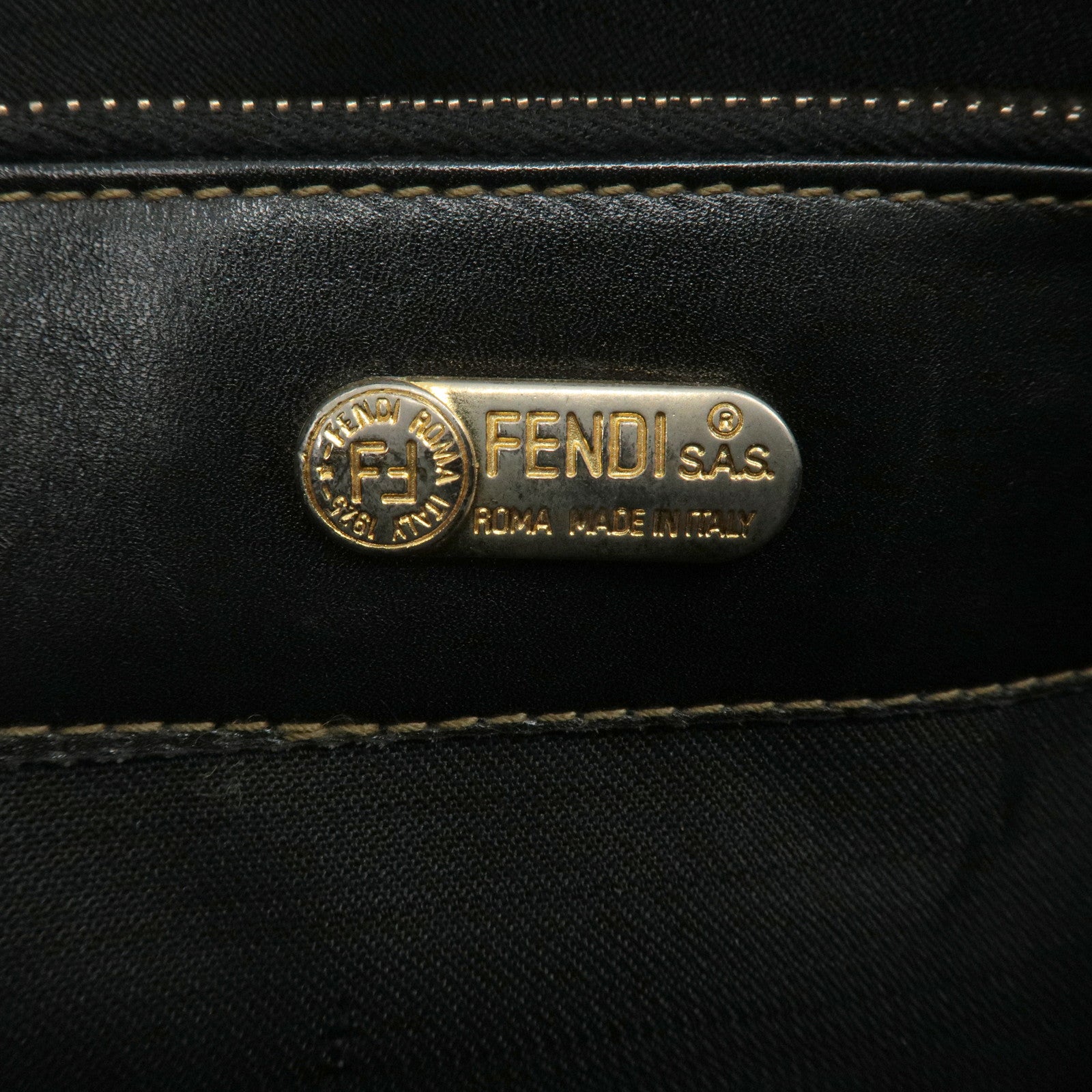 FENDI Pequin PVC Leather Handbag Brown Black