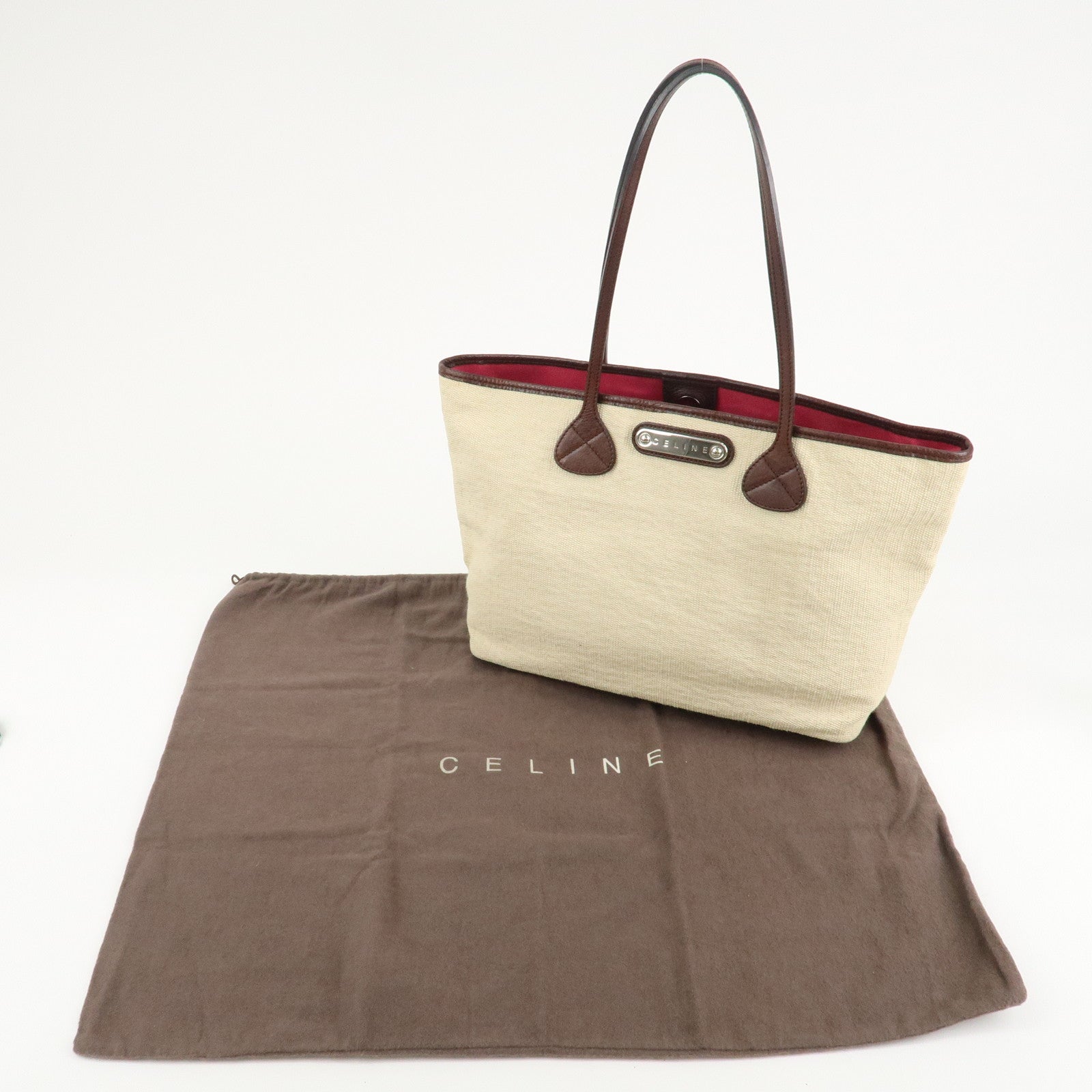 CELINE Canvas Leather Tote Bag Hand Bag Ivory Dark Brown