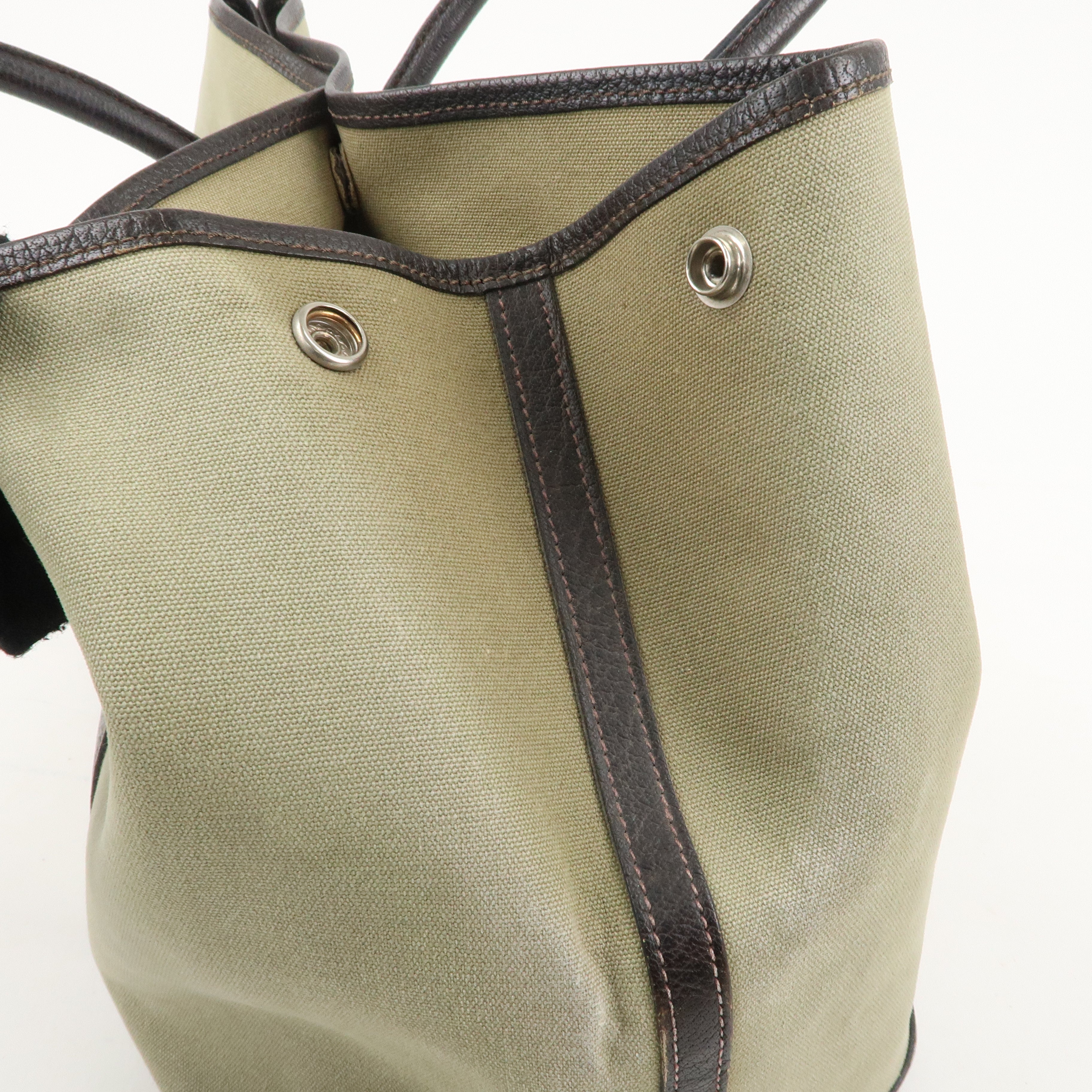 HERMES Canvas Leather Garden Party PM T Stamped Tote Bag Khaki