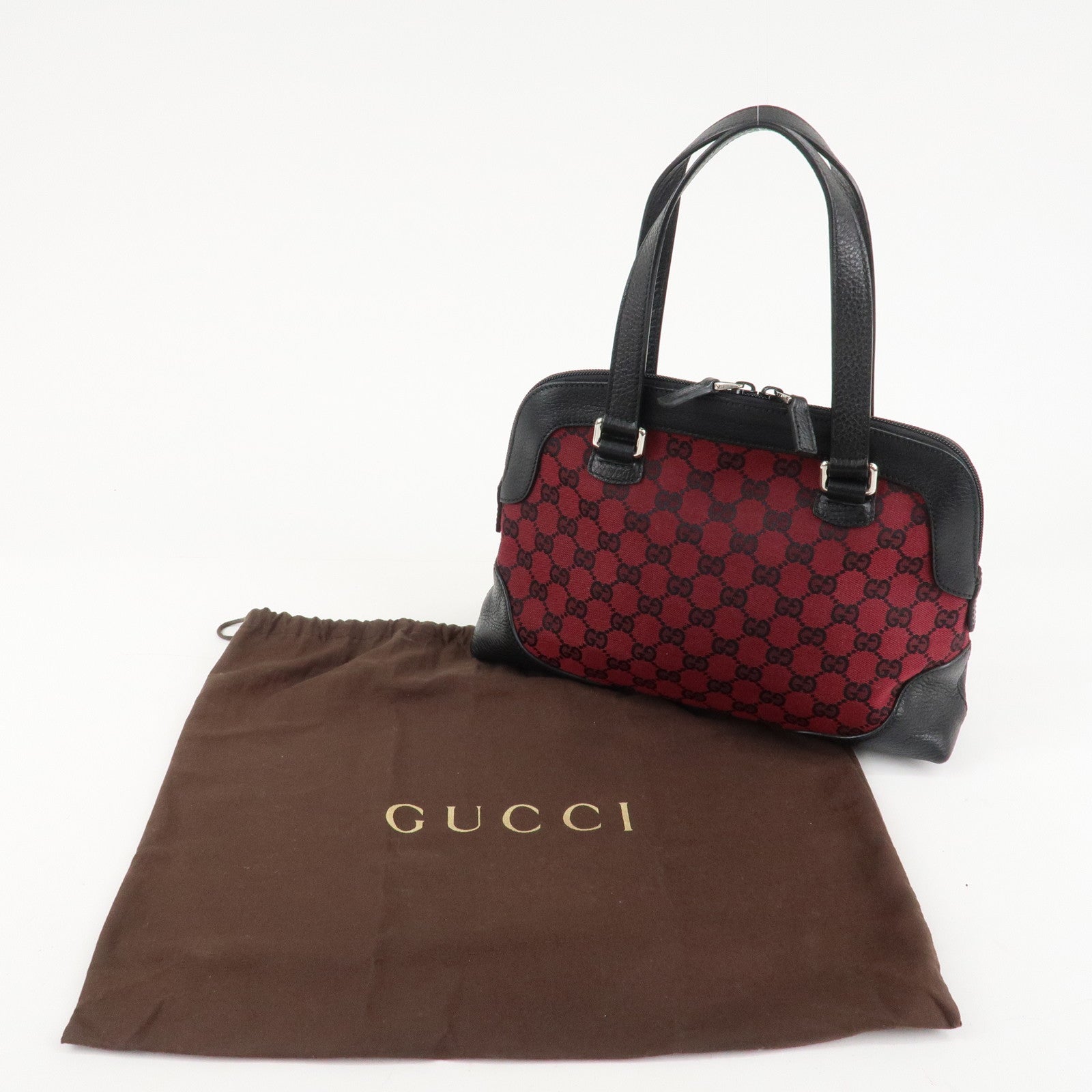 GUCCI GG Canvas Leather Tote Bag Hand Bag Black Red 272378