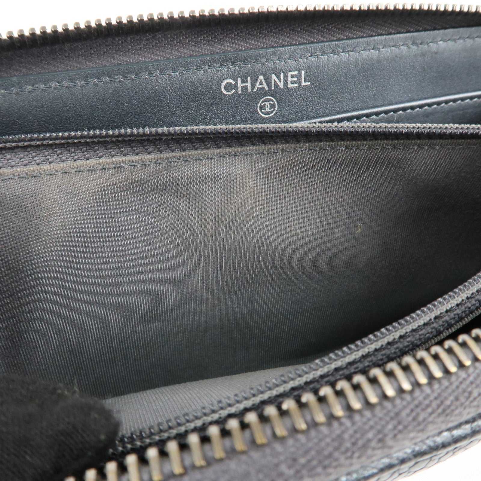 CHANEL Matelasse Caviar Skin Zip Around Long Wallet Metal Blue