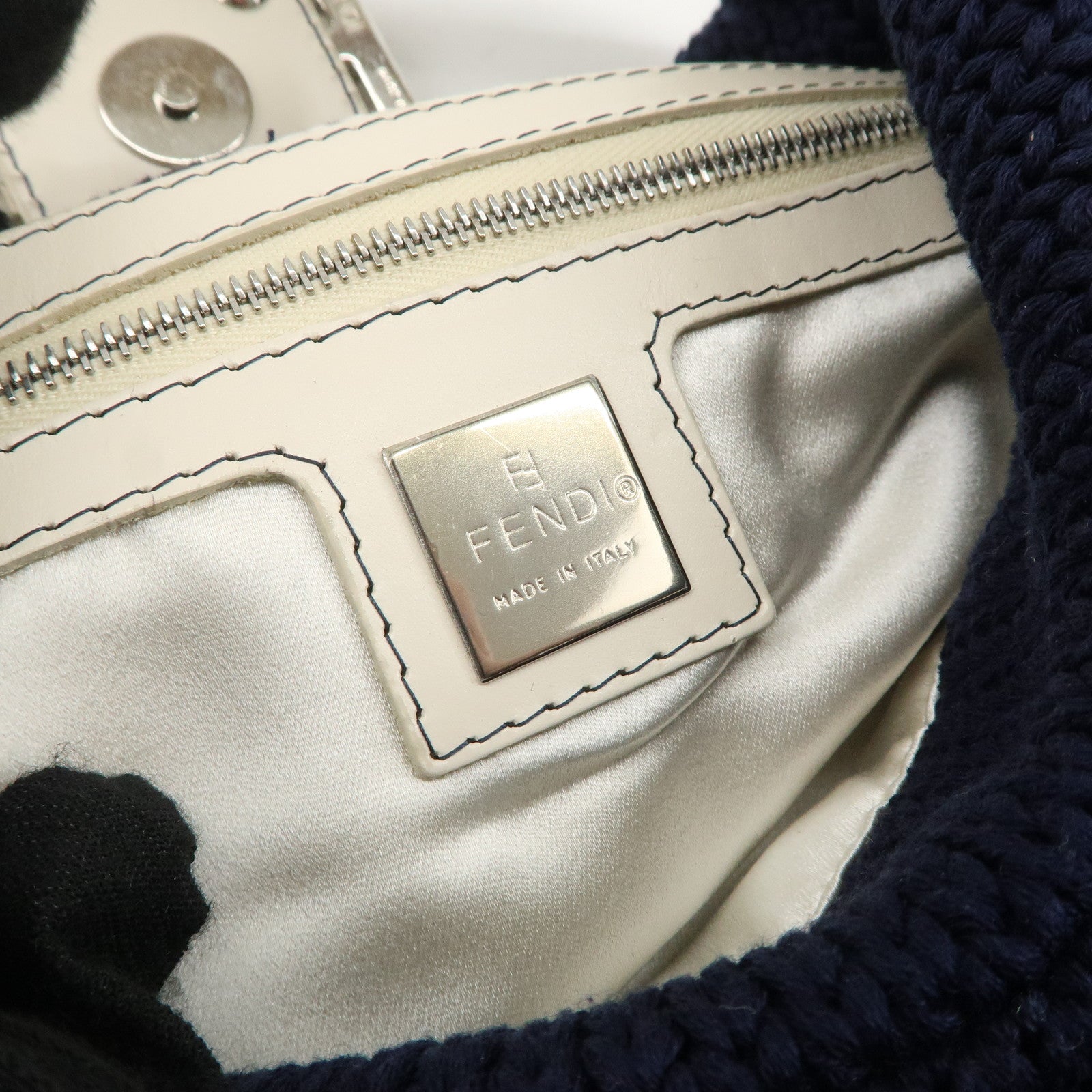 FENDI Wool Leather Shoulder Bag Navy White 26569