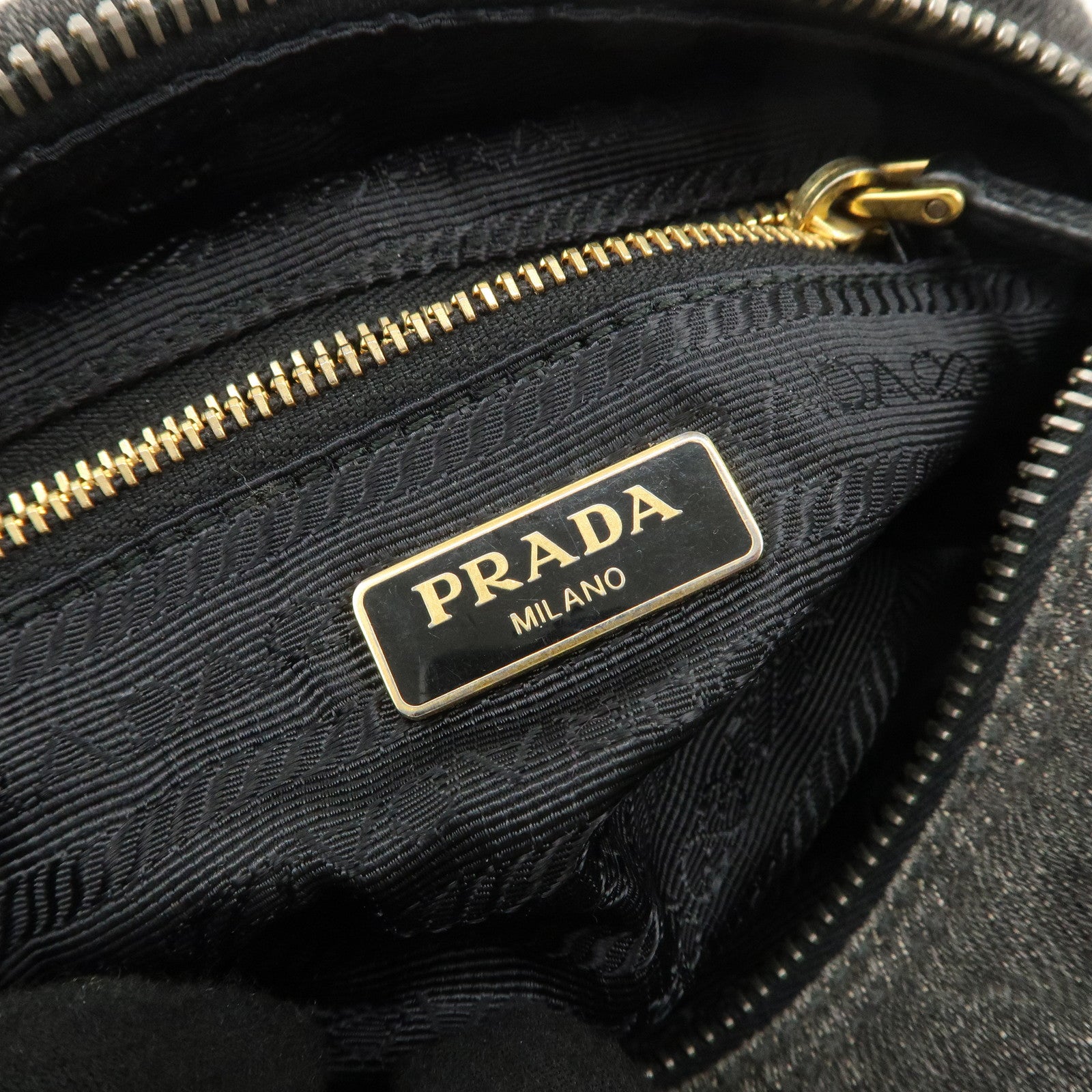 PRADA Triangle Logo Denim Pouch Cosmetic Pouch Black Gold HDW