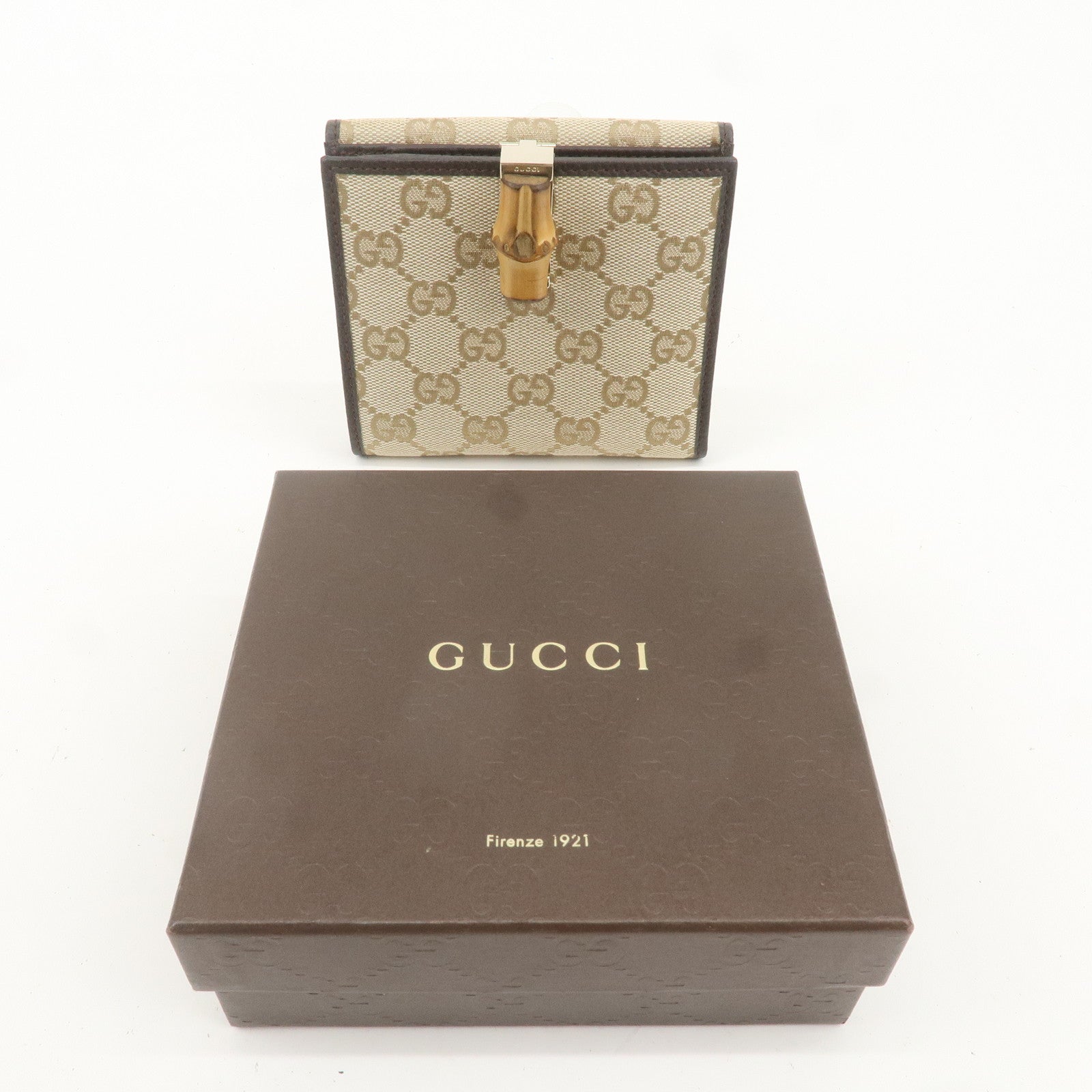 GUCCI Bamboo GG Canvas Leather Double Hook Bifold Wallet 335970