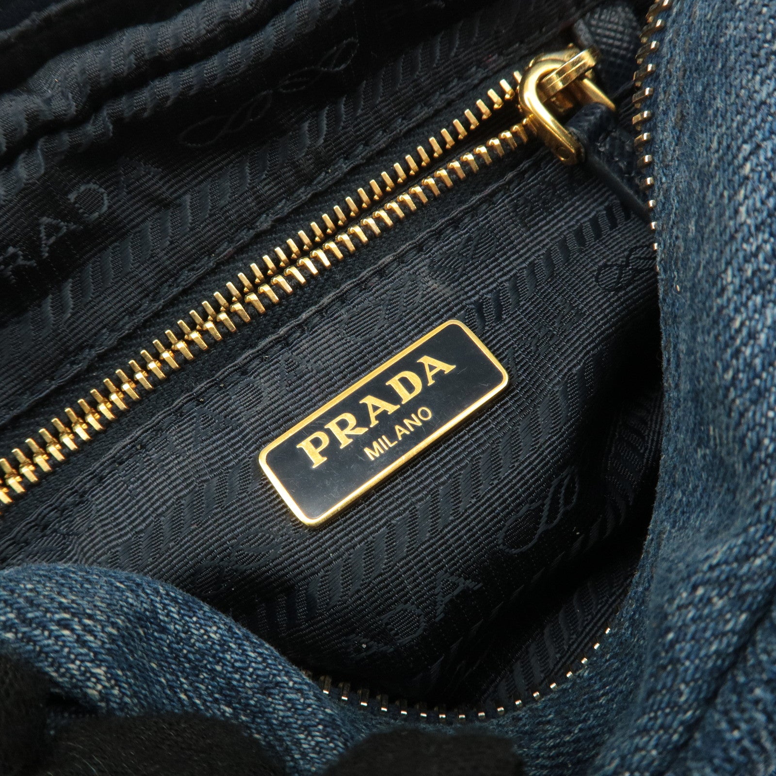 PRADA Logo Denim Pouch Cosmetic Pouch Blue Gold Hardware