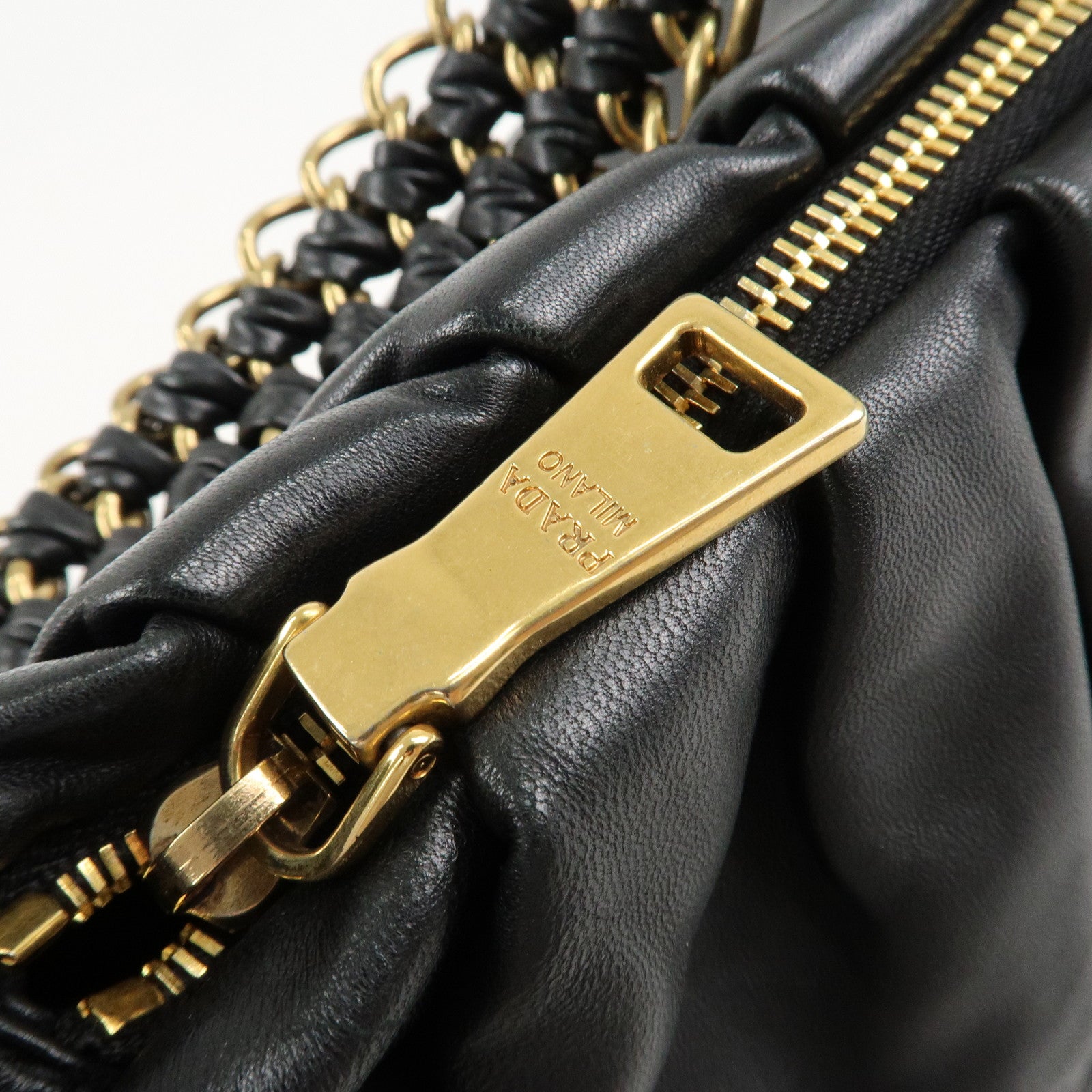 PRADA Leather Chain One-Shoulder Bag Black Gold Hardware