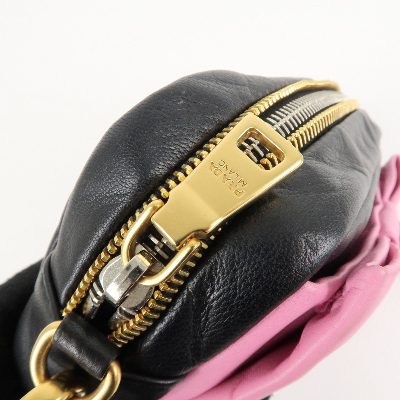 PRADA Logo Leather Ribbon Shoulder Bag Pink Black BP0166