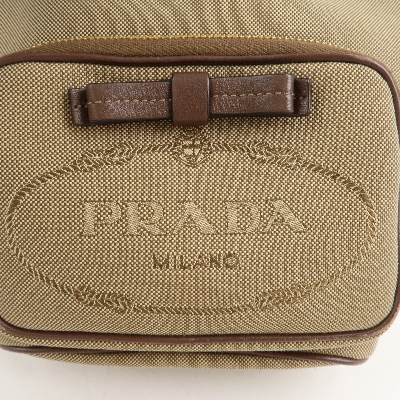 PRADA Logo Jacquard Leather Drawstring Shoulder Bag Beige 1BH038 Used