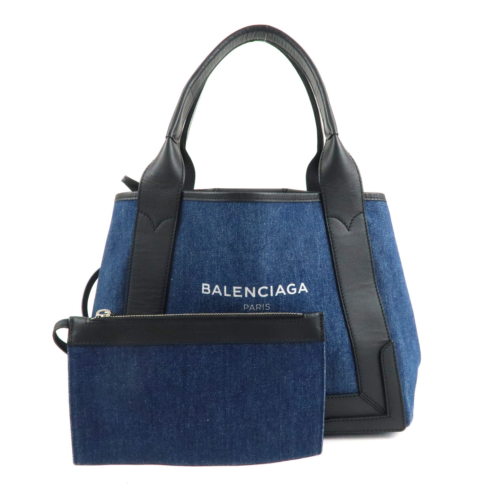 BALENCIAGA Denim Navy Cabas S Canvas Leather Tote Bag Blue 339933