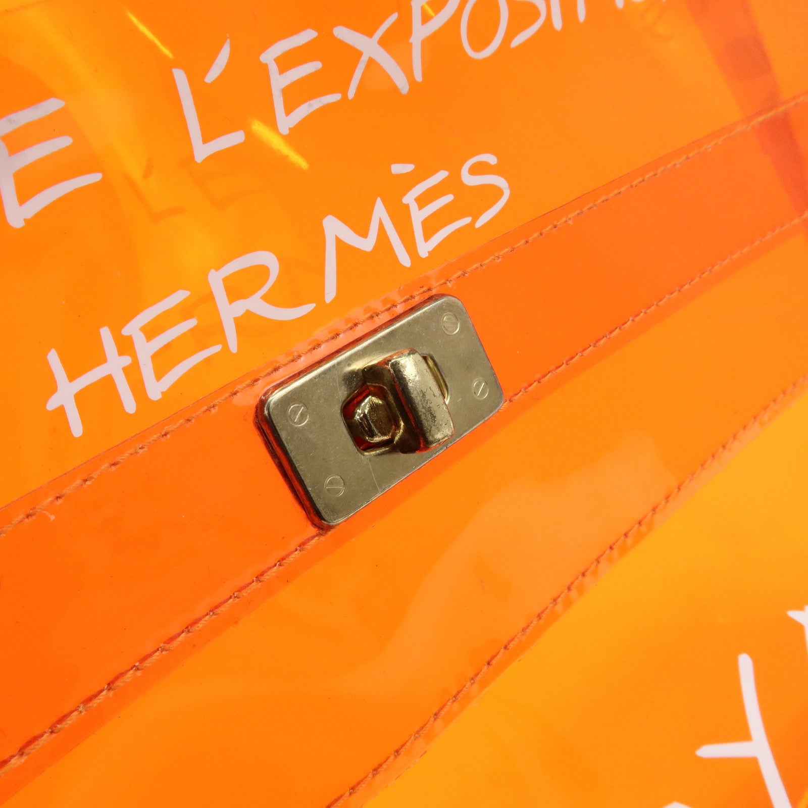 HERMES Vinyl Kelly Bag Hand Bag Clear Orange Gold Hardware