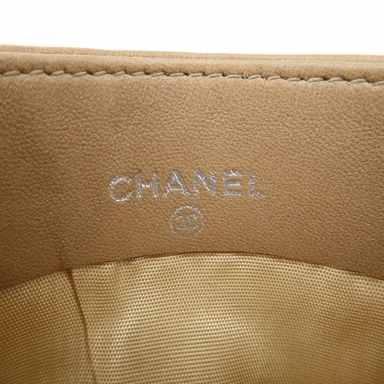 CHANEL Leather Icon Patch Work Card Case Beige