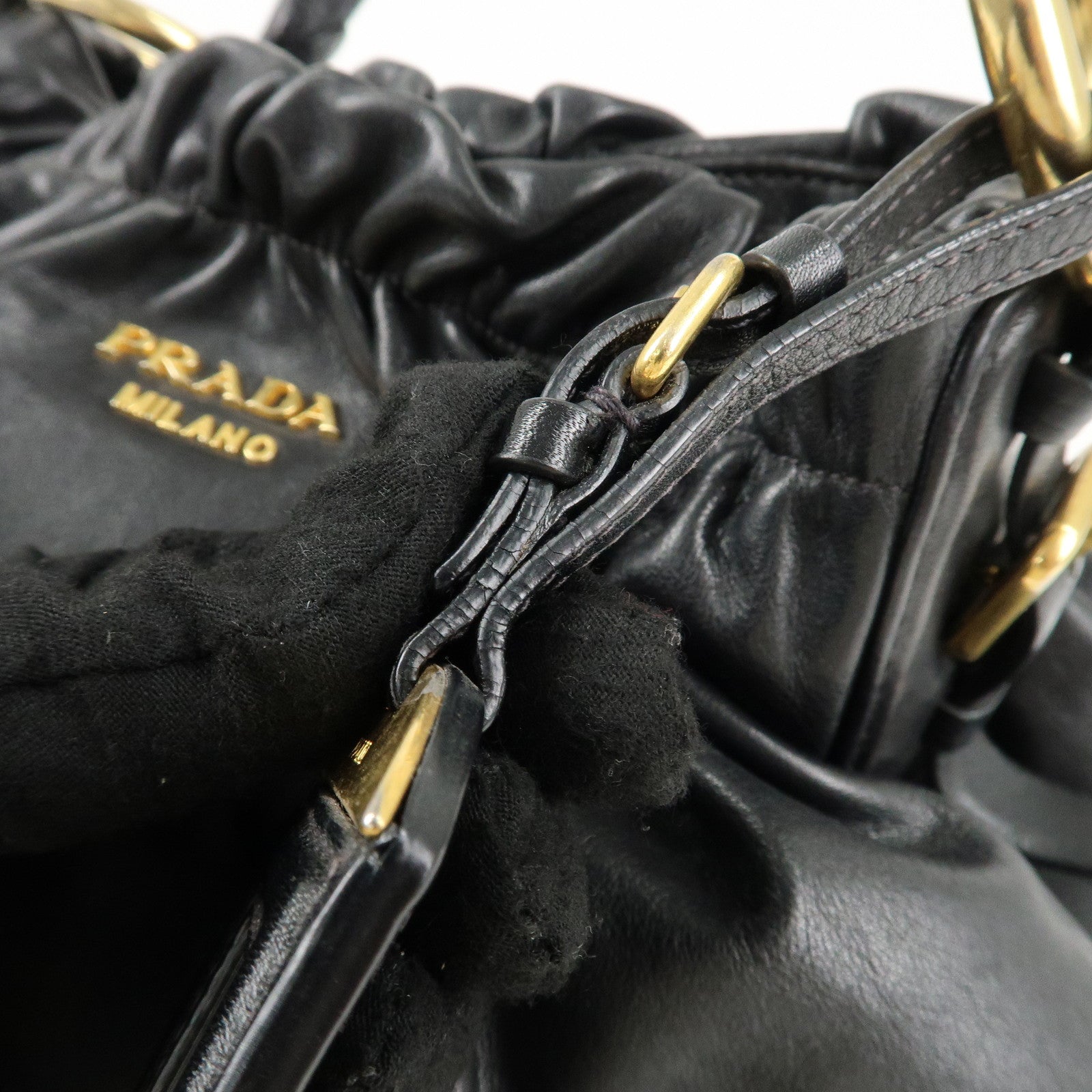 PRADA Leather Shoulder Bag Hand Bag Black Gold Hardware Used