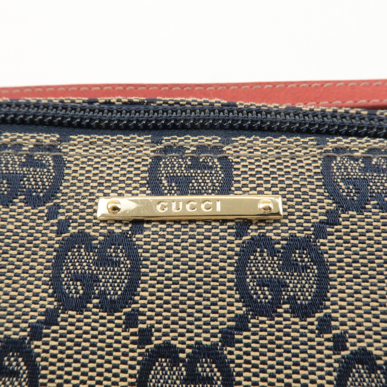 GUCCI Boat Bag GG Canvas Leather Bag Pouch Beige Navy Red 7198