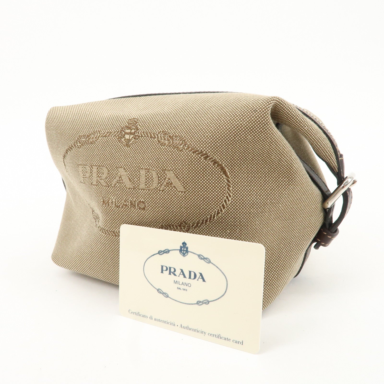 PRADA Logo Jacquard Leather Pouch Beige Brown 1N1298 Used