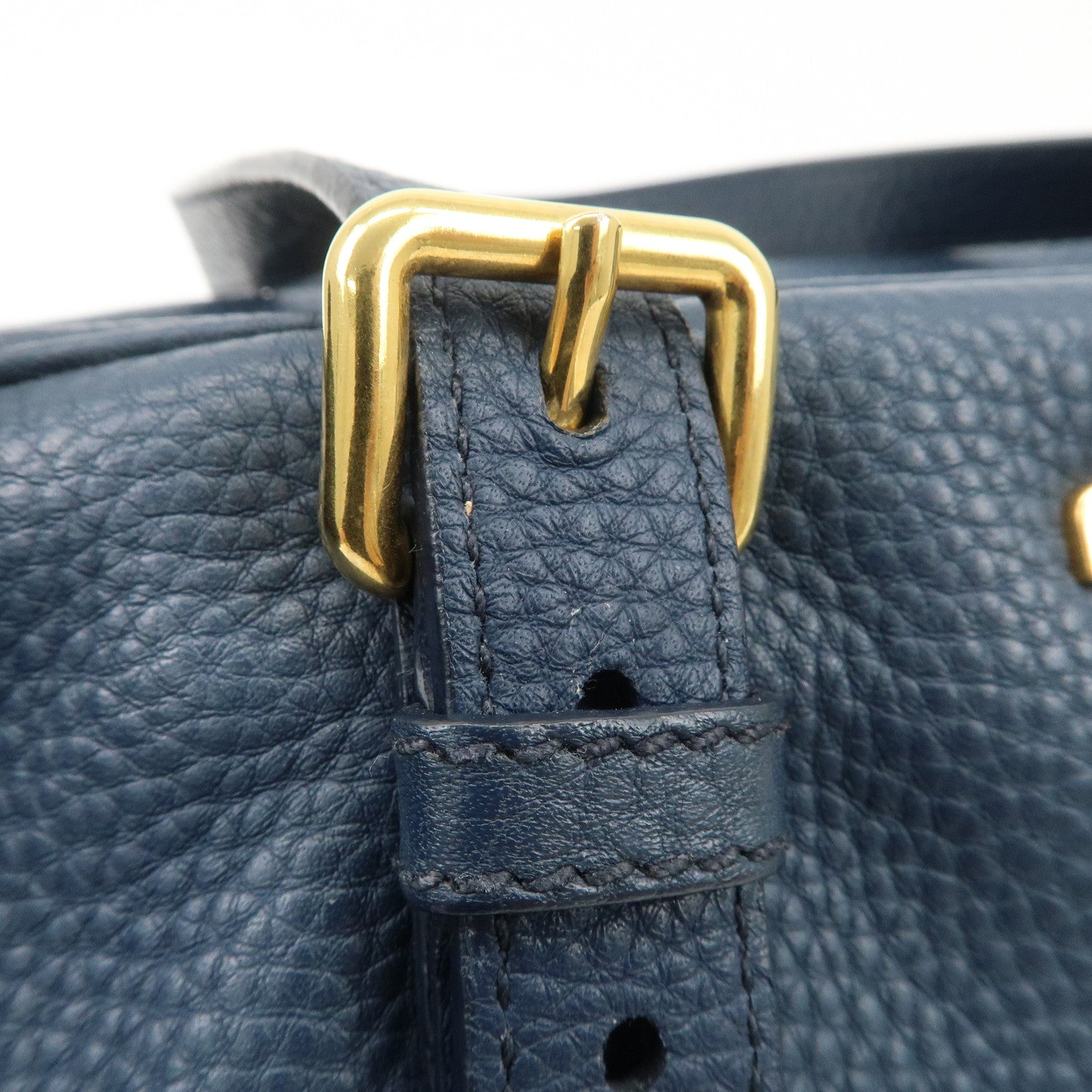 MIU MIU Leather Boston Bag Shoulder Bag Navy Gold HDW Used