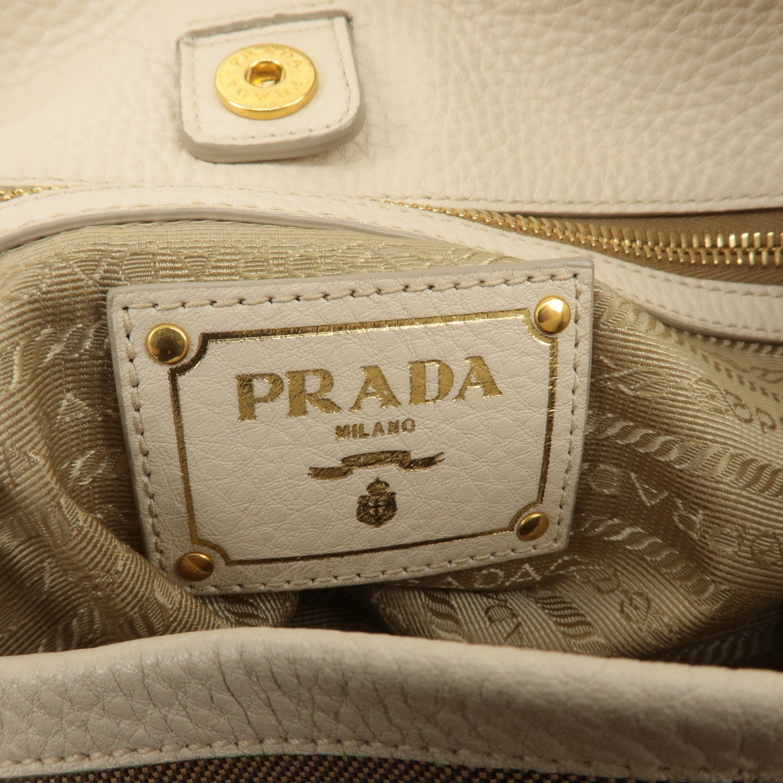 PRADA Logo Jacquard Leather Shoulder Bag Beige Ivory