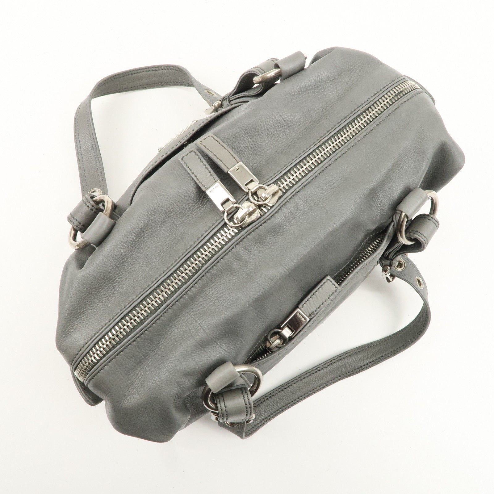 PRADA Leather Boston Bag Shoulder Bag Gray Silver Hardware Used