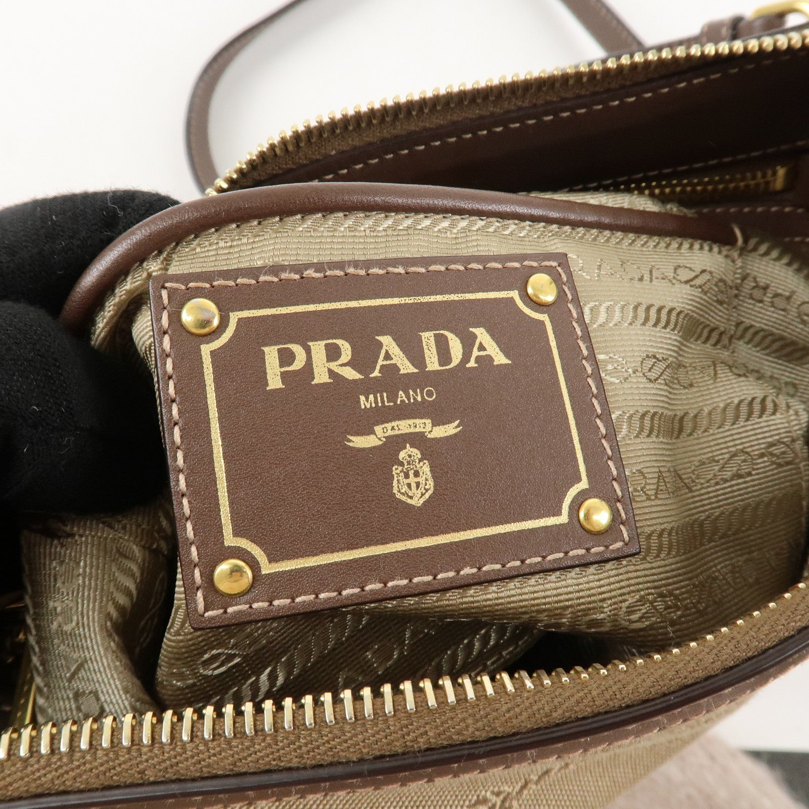 PRADA Jacquard Leather Shoulder Bag Purse Beige Brown BT867A Used