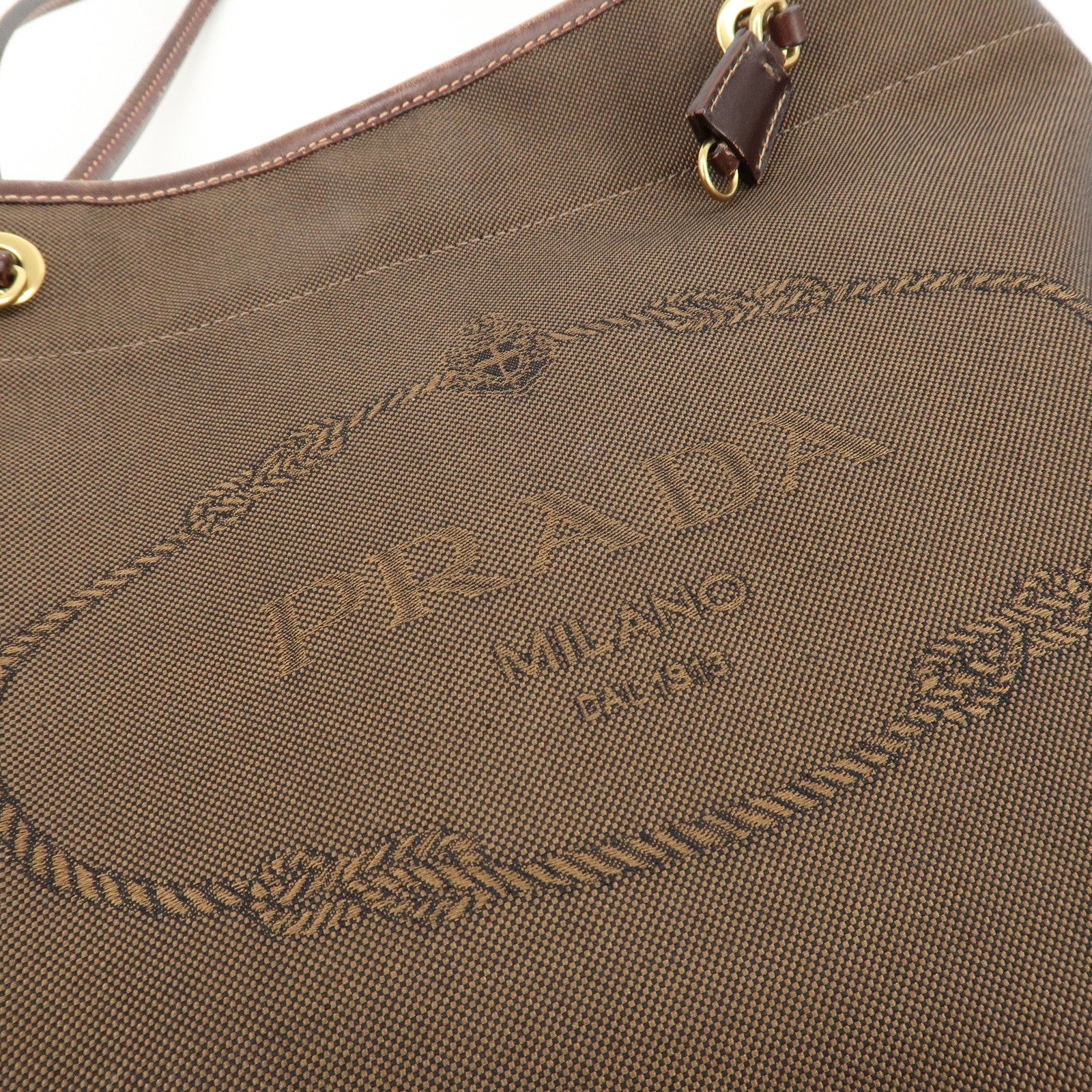 PRADA Logo Jaquard Leather Tote Bag Hand Bag Brown