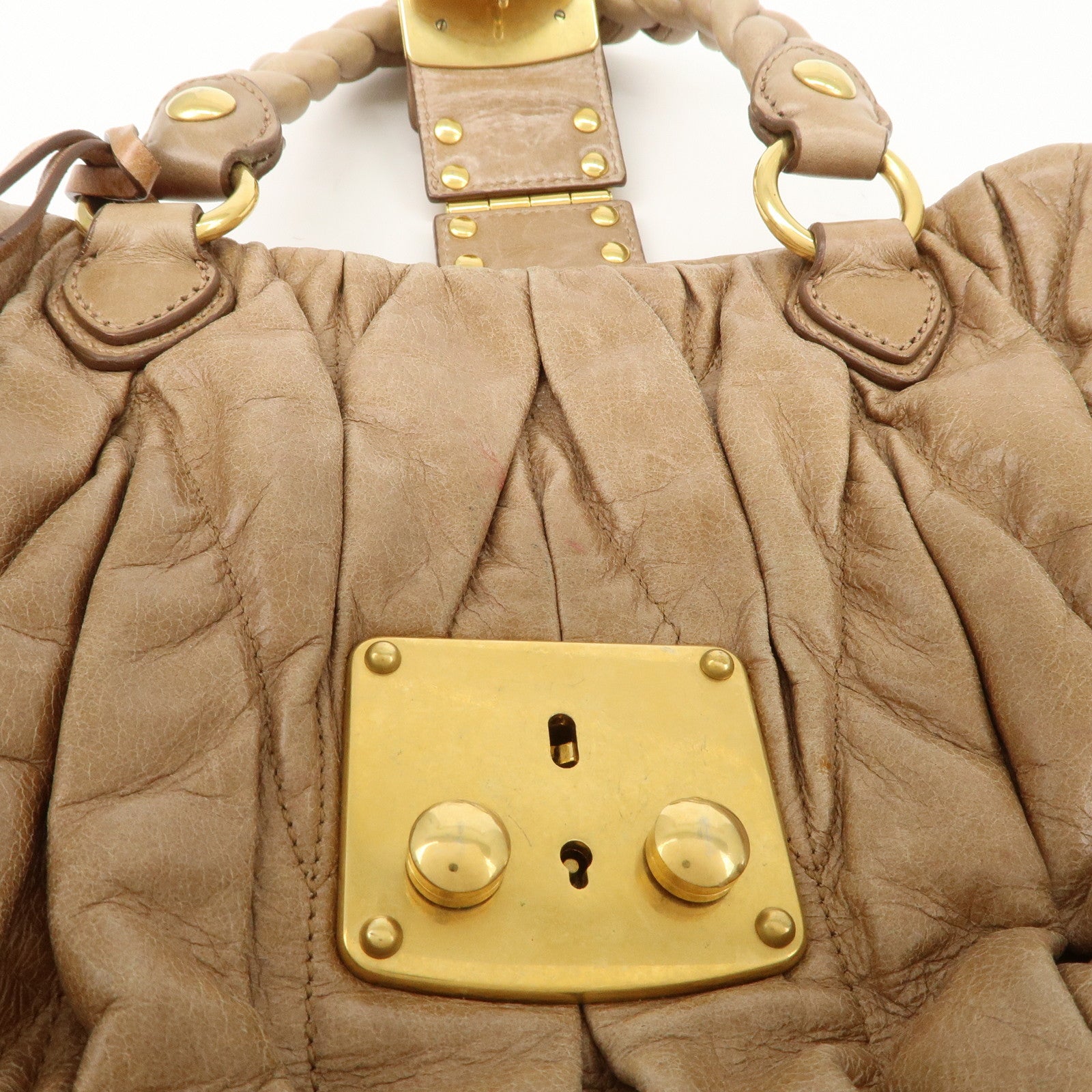 MIU MIU Matelasse Leather 2Way Hand Bag Shoulder Bag Beige Used