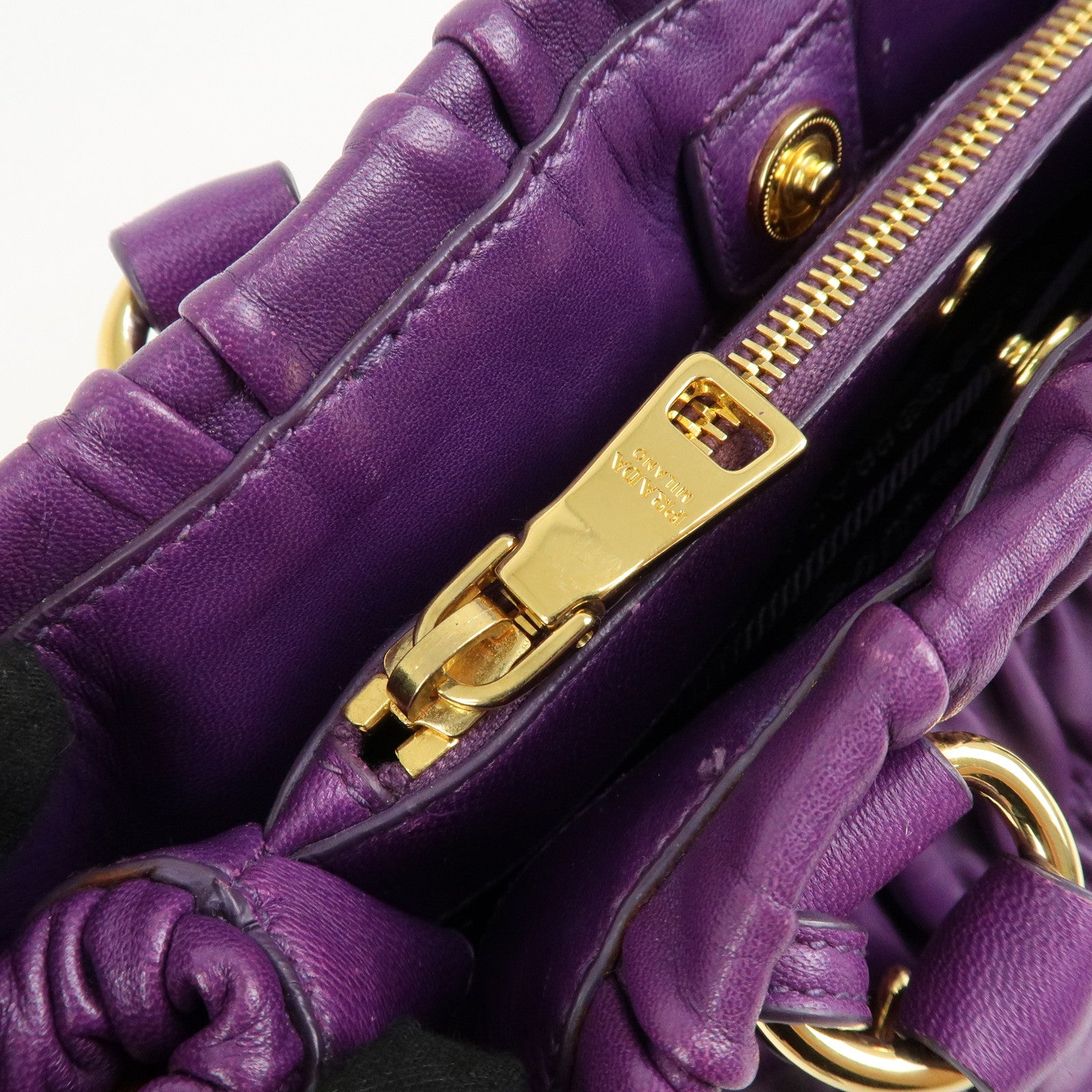 PRADA Leather Gathered Hand Bag Purple Gold Hardware BN2394