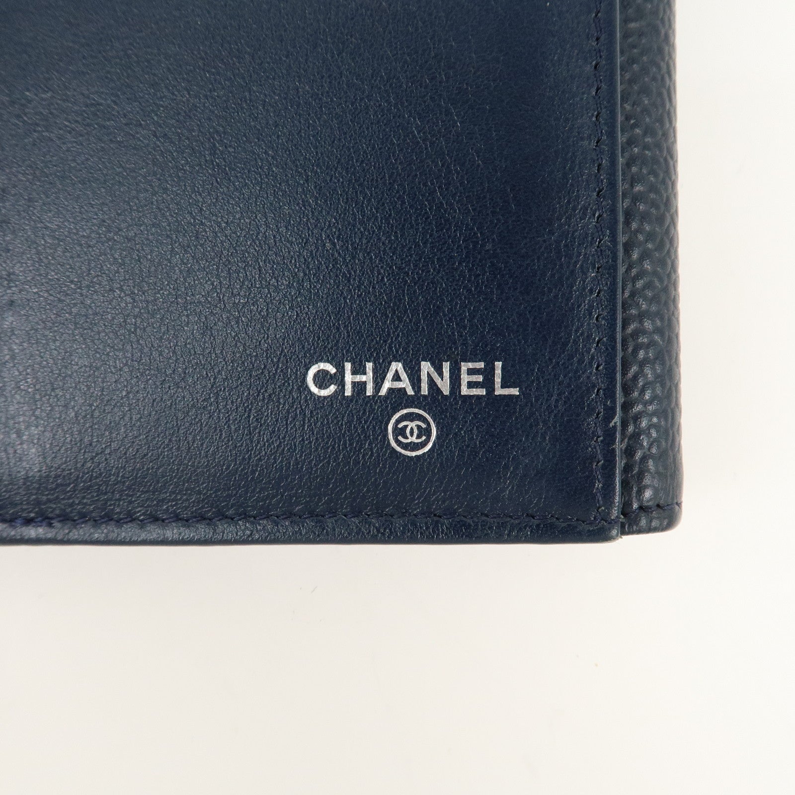 CHANEL Coco Mark Caviar Skin Double Hook Wallet Navy A48649 Used