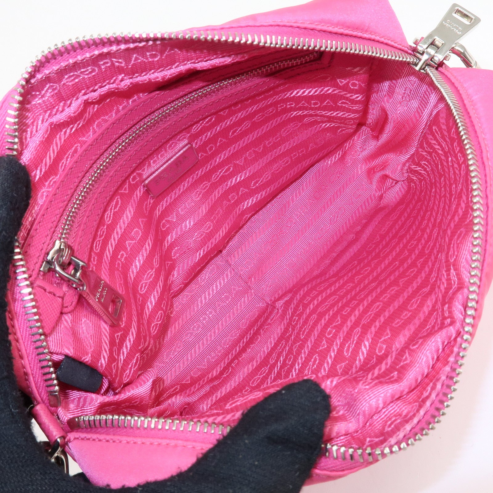 PRADA Triangle Logo Leather Shoulder Bag Pink Silver Hardware Used