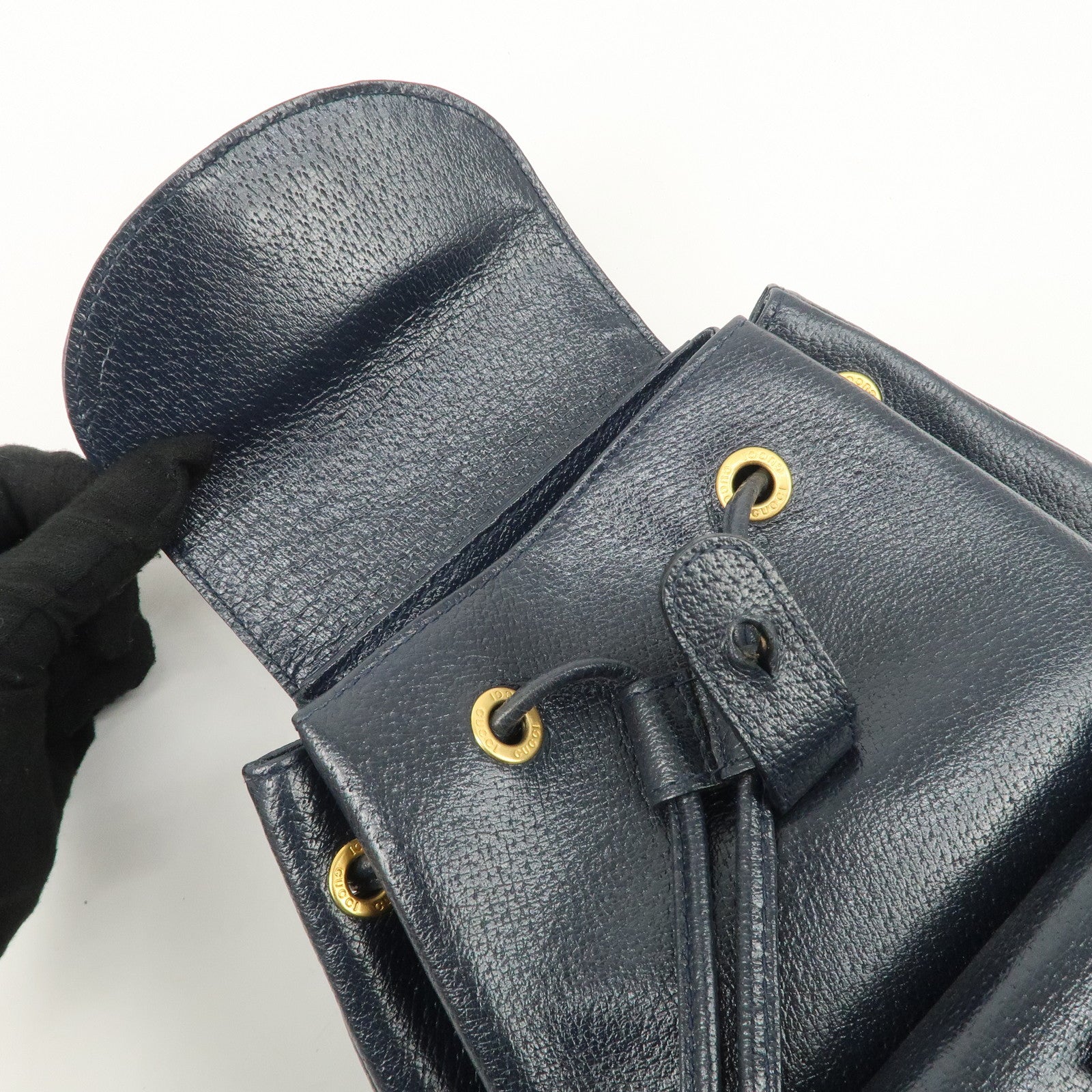 GUCCI Bamboo Leather Back Pack Ruck Sack Navy 03.2265.0030 Used