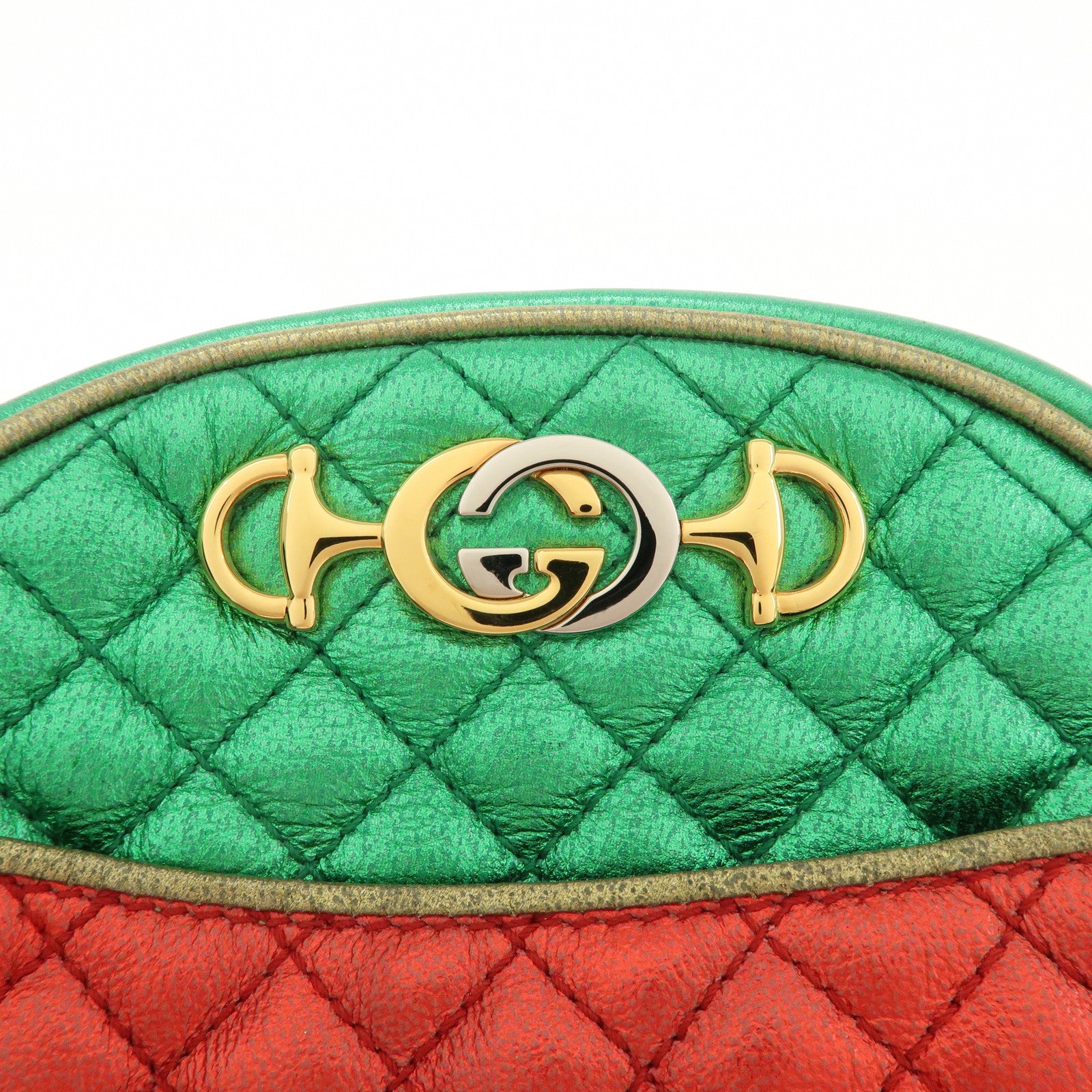 GUCCI Laminate Quilting Leather Shoulder Bag Green Red Gold 534951